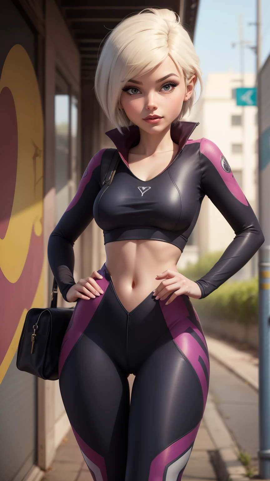 gwen tennyson,tracer,y'shtola rhul,yorha 2b,Supervision,nier automata,piloto mecha,pista escolar,tatuajes,plugsuit naranja y rosa,top blanco de lycra manga corta,leggins cargo blancos,vientre descubierto,cabello corto,maquillaje punk,ojos verdes,cabello plateado multicolor,sonrisa sexy,pecas,hermosa chica,Pechos grandes,8K,ultra detallado,realista,fantasy art,uniforme militar,perforaciones en las orejas,traje deportivo,chica saiyajin,sudadera deportiva de manga corta,arte de la pared de graffiti,correr,collar de etiqueta de perro,cuerpo mojado,