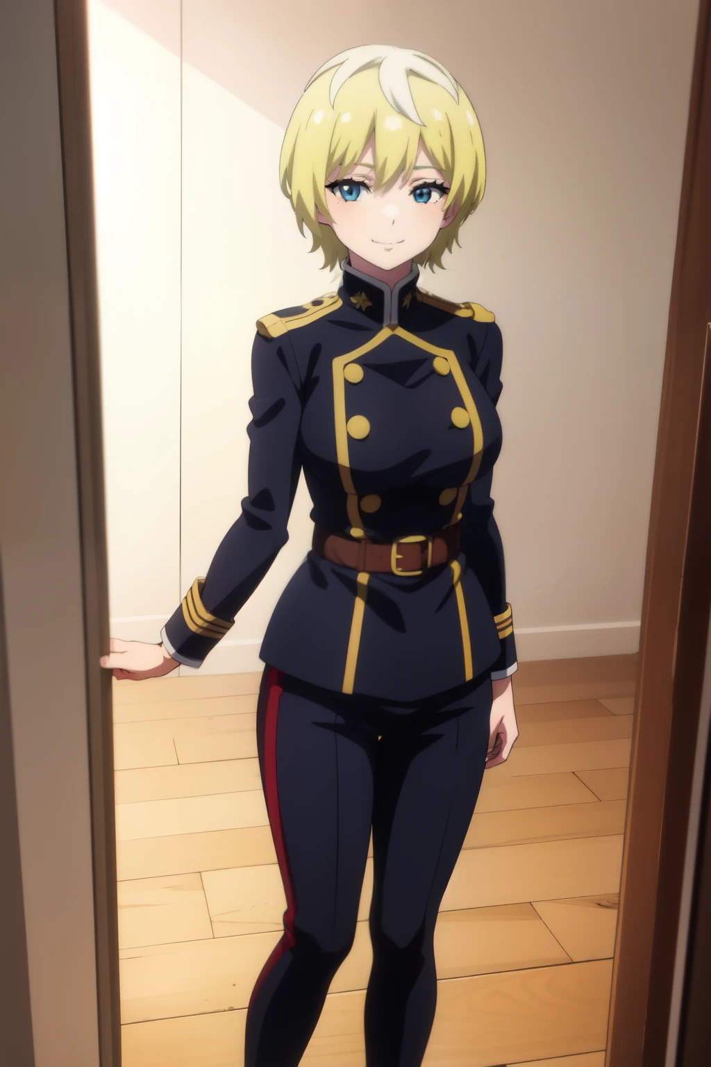 Anime background art, bottom of room, one bed, standing, beautiful anime scenes, 4K anime art wallpaper, 4k anime art wallpaper, Rosla global illumination, anime girl, best quality, detailed, 1 girl, alone, same as LORA, same as lora, closed mouth, smile, blonde hair, very short hair, defined eyes, blue eyes, looking at viewer, perfect face, perfect eyes, militar uniform, big tits.