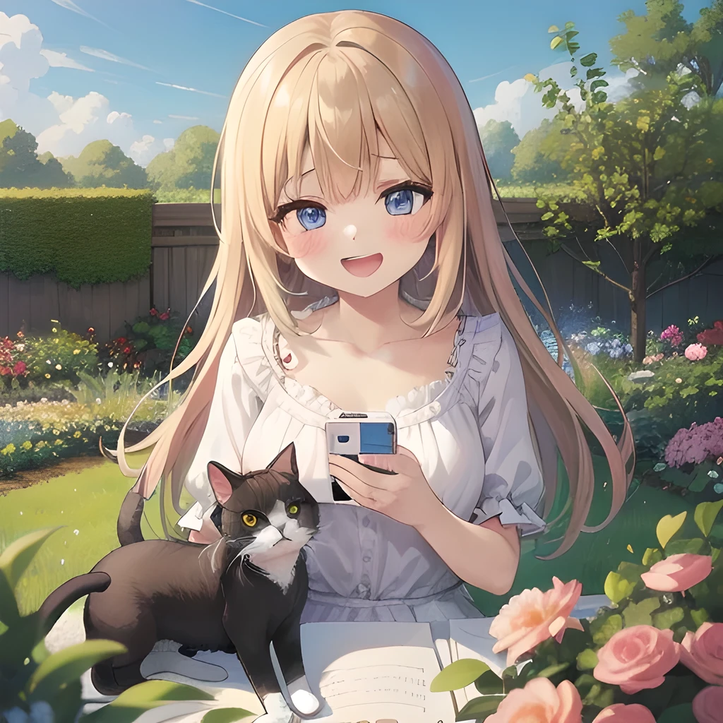 TOP quality,8K, masterpiece, (manga:1.2), (1girl, cat:1.2), (laugh:1.3), (garden),