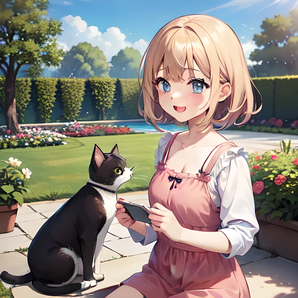 TOP quality,8K, masterpiece, (manga:1.2), (1girl, cat:1.2), (laugh:1.3), (garden),