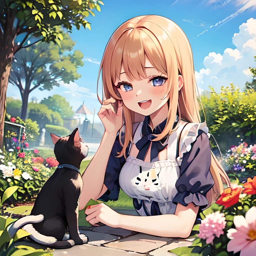TOP quality,8K, masterpiece, (manga:1.2), (1girl, cat:1.2), (laugh:1.3), (garden),
