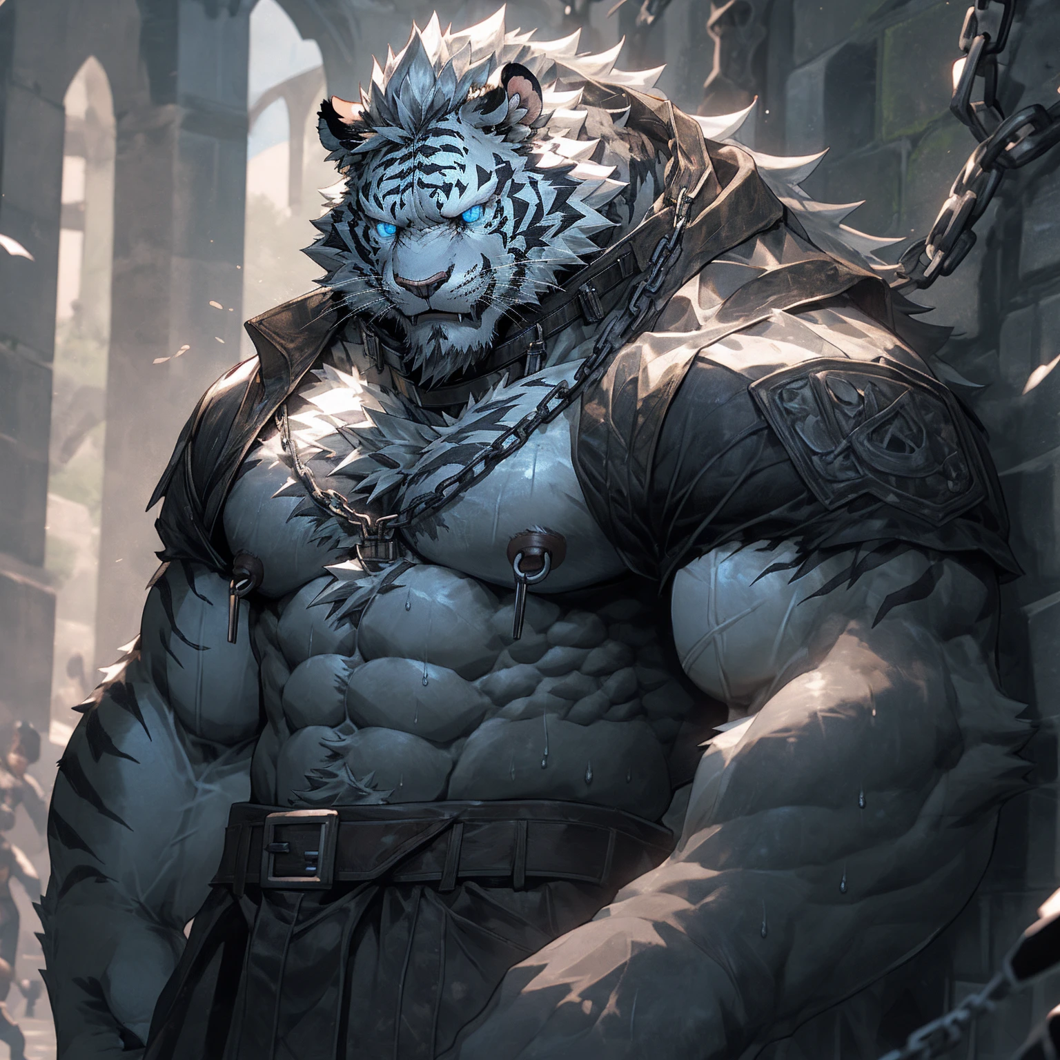 Sweaty, muscular, shirtless, dark castle, anthropomorphic chest hair, serious face（Scar on face） Mature （Blue eyes）Huge muscular torn abs wild wearing nipple rings and collars prisoner collars linked to chains and buckles ambitious black tiger