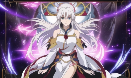 a beautiful female white-haired wizard, ethereal anime, anime ninja scroll, genesis of aquarion, an epic anime of glowing energy emanating, top 25 fantasy anime series, anime masterpiece, white haired deity, dramatic anime, hajime yatate, anime still film anime shikishi