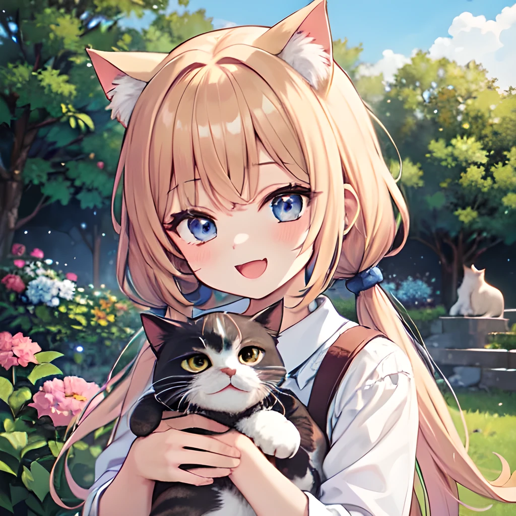 TOP quality,8K, masterpiece, (manga:1.2), (1girl, cat:1.2), (laugh:1.3), (garden),