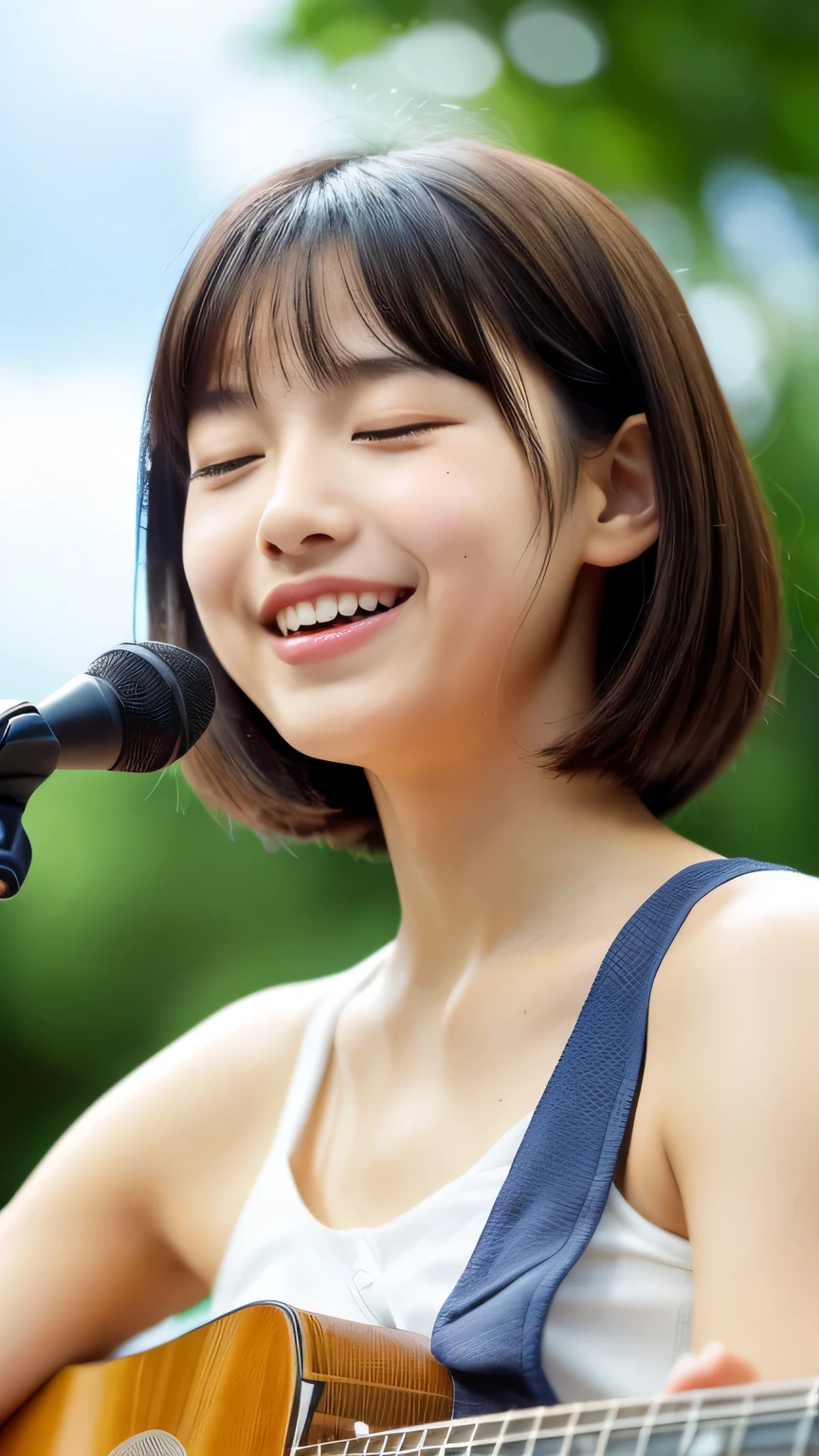 masterpiece High resolution Female student very cute natural atmosphere boyish Bobcut Dimples Mole Tanuki face Tank top Playing Acoustic Guitar Open your mouth wide It's funny Making fun of them I close my eyes and pray for peace