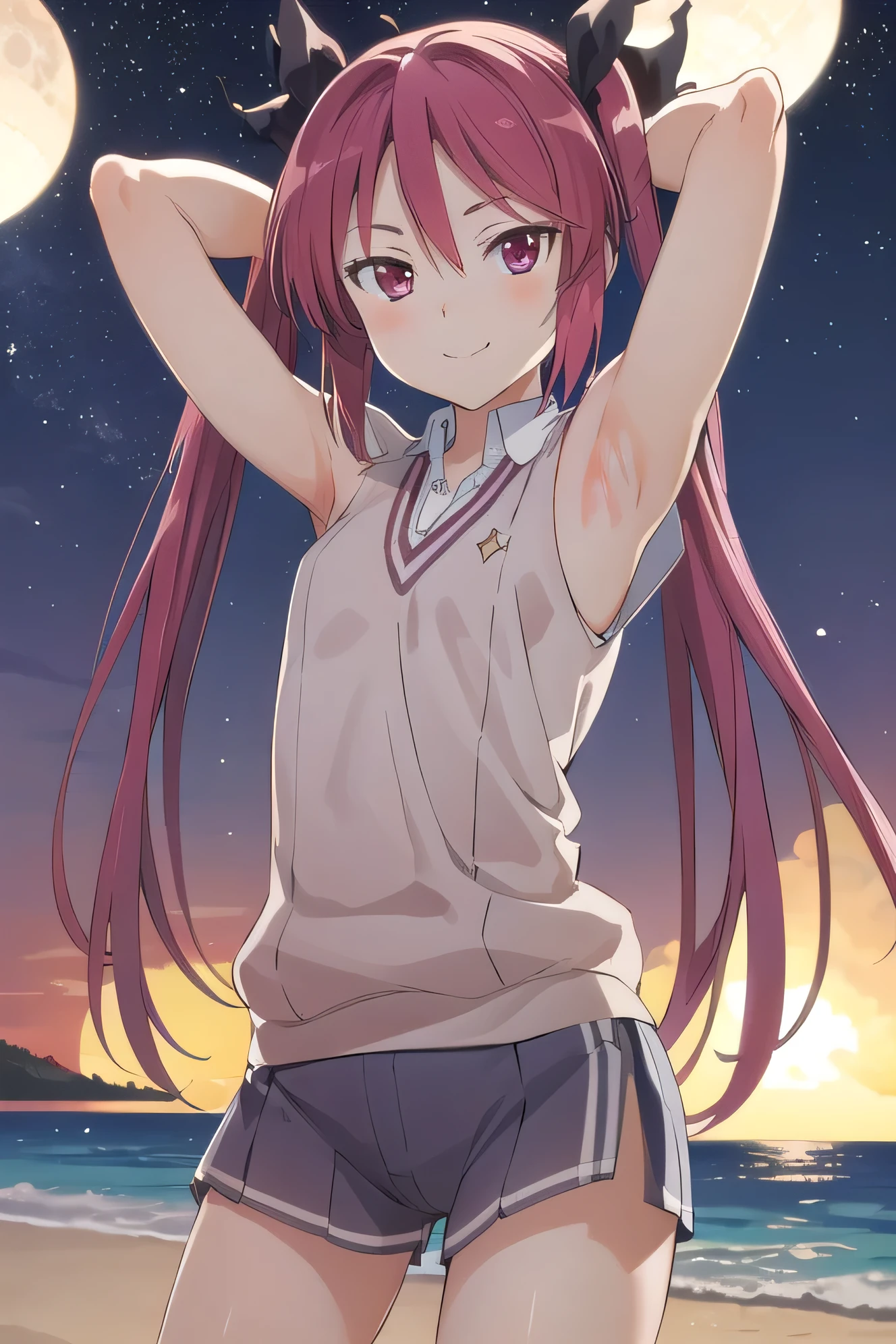 best quality, (masterpiece:1.2), detailed,
solo, night sky, beach, arms behind head, contrapposto, spread armpits, closed mouth, smile, (cowboy shot:1.5)
cthuko, , smile, looking at viewer, tokiwadai uniform,