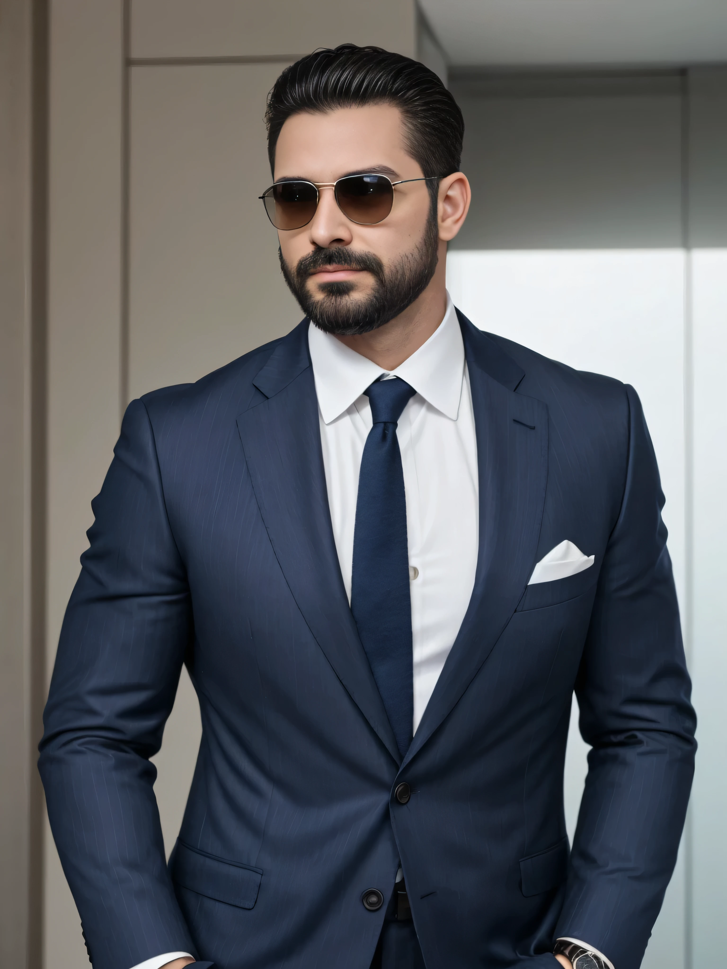 A 38-year-old man with a neatly groomed beard and stylish sunglasses. He is dressed in an elegant, tailored suit, featuring a sharp blazer and a crisp dress shirt. The blazer is a deep navy blue with subtle pinstripes, and the shirt is a classic white with a slight sheen. He wears a pocket square that matches the blazer, adding a touch of sophistication. The man is also wearing a sleek, silver wristwatch. His hair is neatly styled, complementing his overall polished look. The background is blurred to keep the focus on the man's upper body, capturing his confident and refined appearance. The image should be a medium shot, highlighting the man's upper body in great detail.