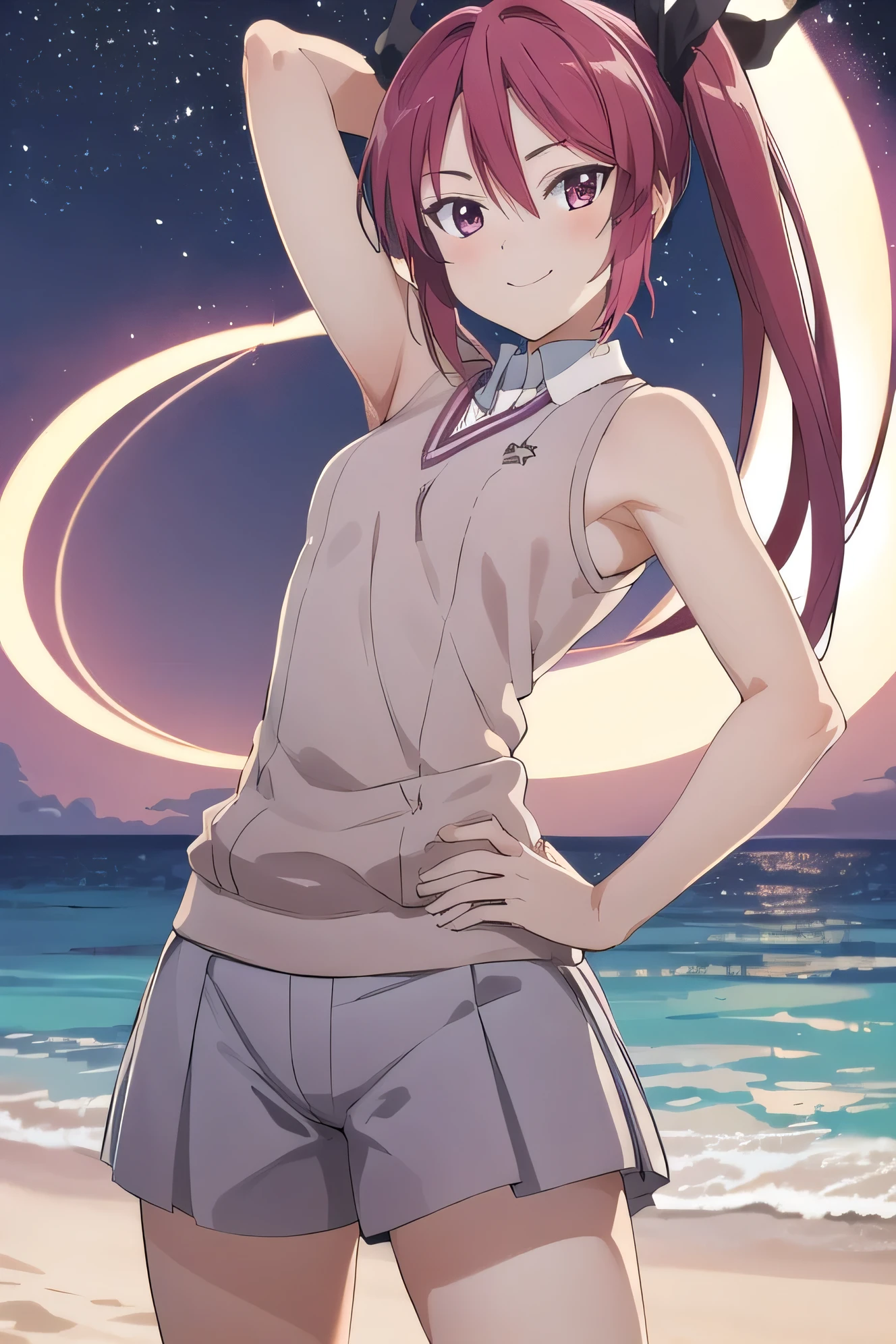 best quality, (masterpiece:1.2), detailed,
solo, night sky, beach, arm behind head, hand on hip, contrapposto, spread armpits, closed mouth, smile, (cowboy shot:1.5)
cthuko, , smile, looking at viewer, tokiwadai uniform,