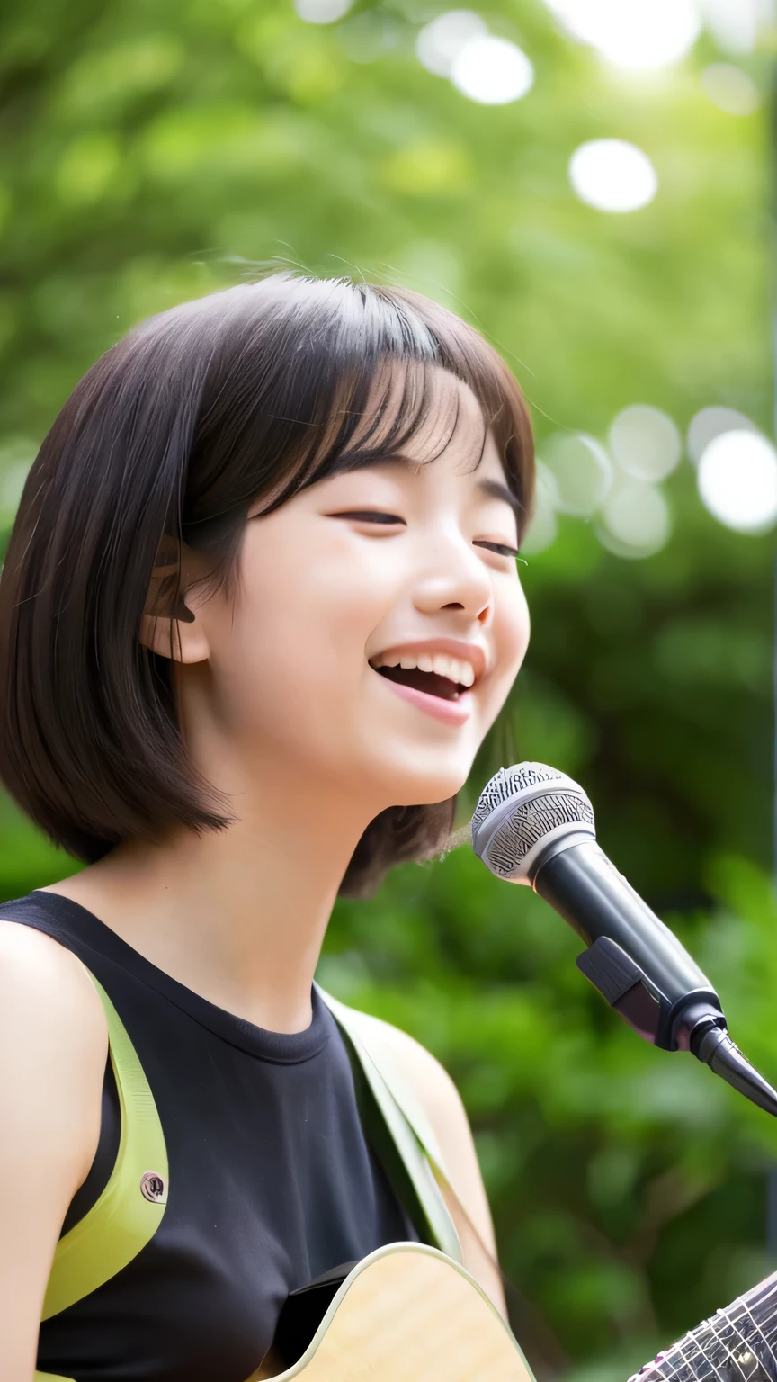 masterpiece High resolution Female student very cute natural atmosphere boyish 16 years old Bobcut Dimples Mole Tanuki face Tank top Playing Acoustic Guitar Open your mouth wide It's funny Making fun of them I close my eyes and pray for peace