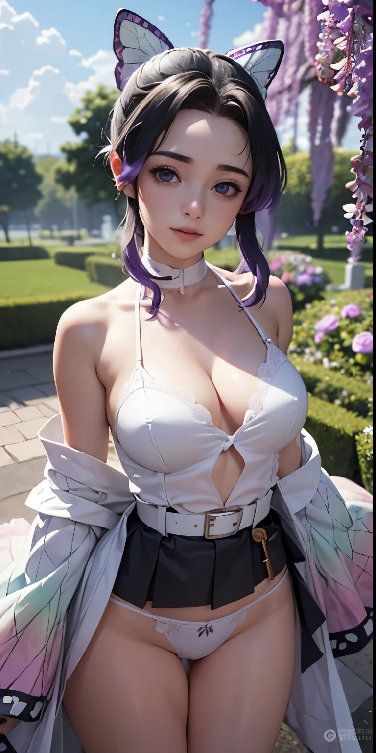Ultra-realistic 8K CG,masterpiece,((Highly detailed background, Delicate pattern, Intricate details)),mini skirt、Her legs are open and her white panties are visible、Beautiful 、Her white panties are visible in her Iaido pose.、front、Beautiful thighs、highest quality,very detailed face,Very beautiful eyes and face,Very beautiful eyes,Kocho Shinobu,Colorful Hair,No bangs,Hair intake,Purple eyes,amount,,belt,(garden:1.2),Purple Flower,a bit,cloudy null,sunlight,Tyndall effect,slope_null,face,Gorgeous null,West Saber,Attractive posture,