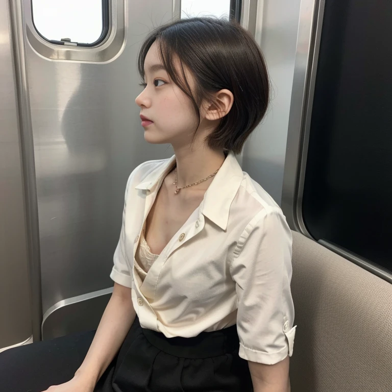 best quality, ultra highres, ultra detailed skin, physically-based rendering,flat chest, downblouse,( japanese girl , decorated detailed bra, buttoned shirt,uniform, school, small breasts, voluptuous ),(beautiful background:1.2), in train, short hair, necklace, see through bra,looking away