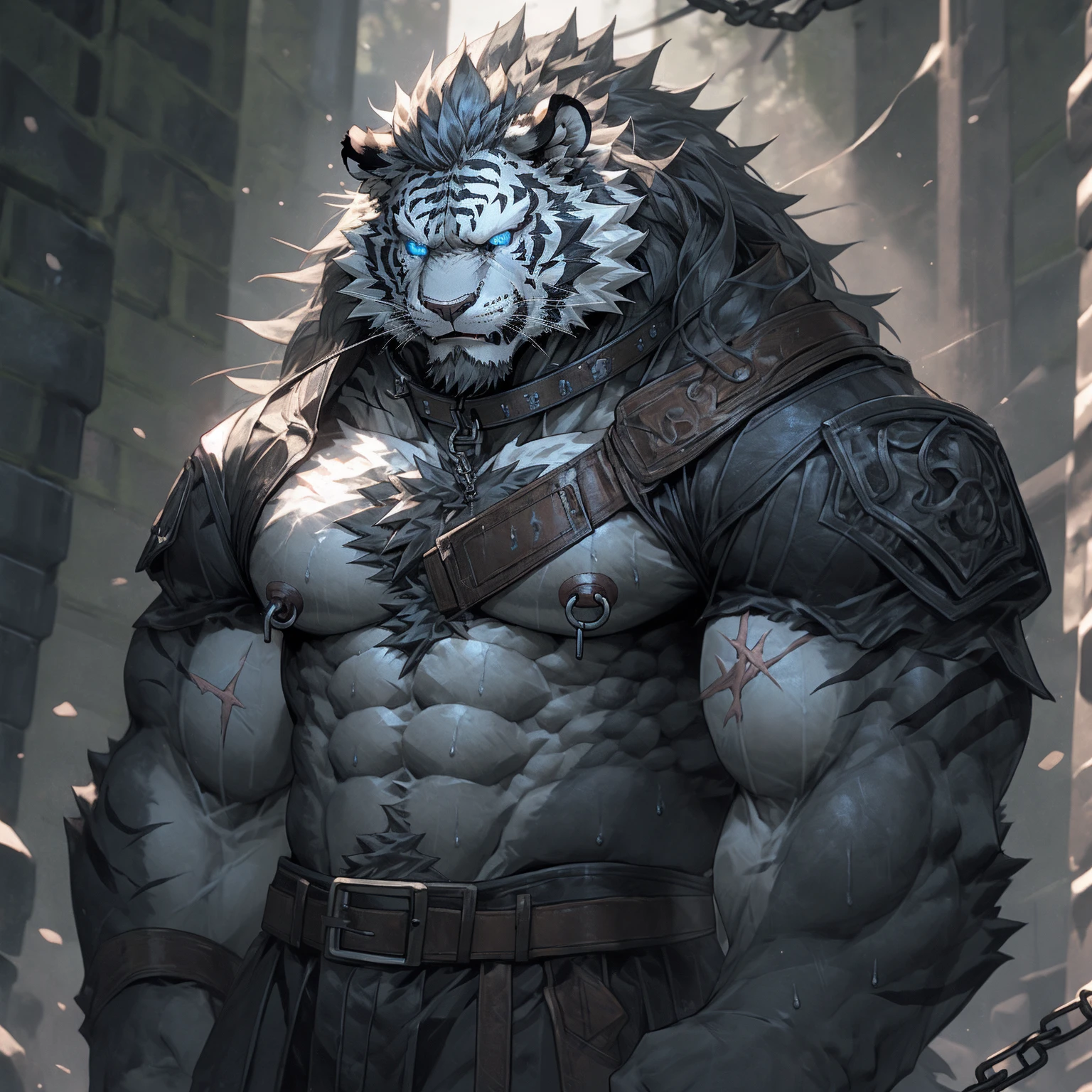 Sweaty, muscular, shirtless, dark castle, anthropomorphic chest hair, serious face(Scar on face) Mature (Blue eyes)Huge muscular torn abs wild wearing nipple rings and collars prisoner collars linked to chains and buckles ambitious black tiger
