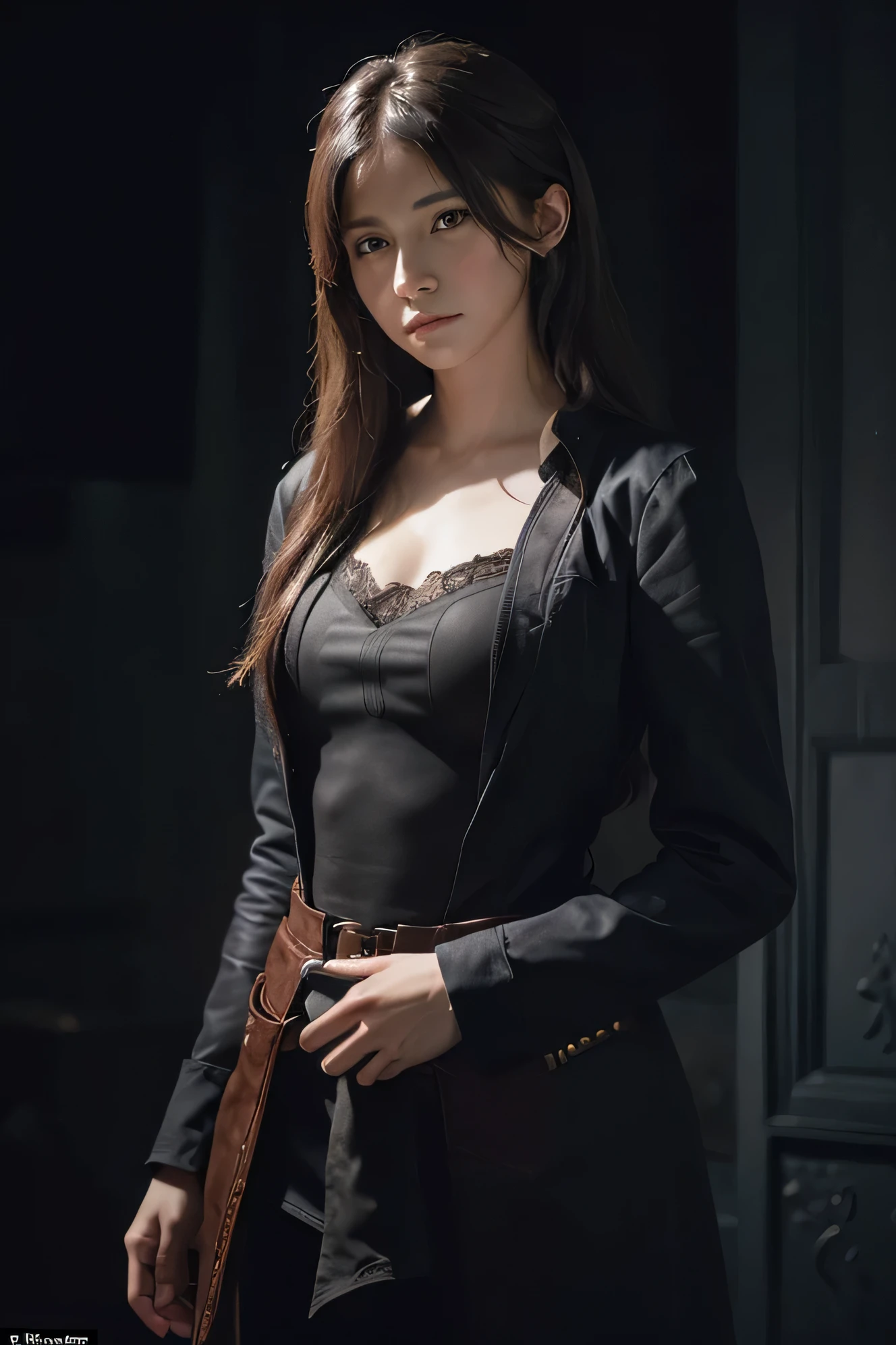(front focus), (in the dark:1.6), Hyperrealist portrait of female by david hockney and alphonse mucha, fantasy art, photo realistic, dynamic lighting, artstation, poster, volumetric lighting, very detailed faces, 4 k, award winning, 1girl, in the dark, deep shadow, low key, cowboy shot, (official clothing:1.4), long hair, white hair