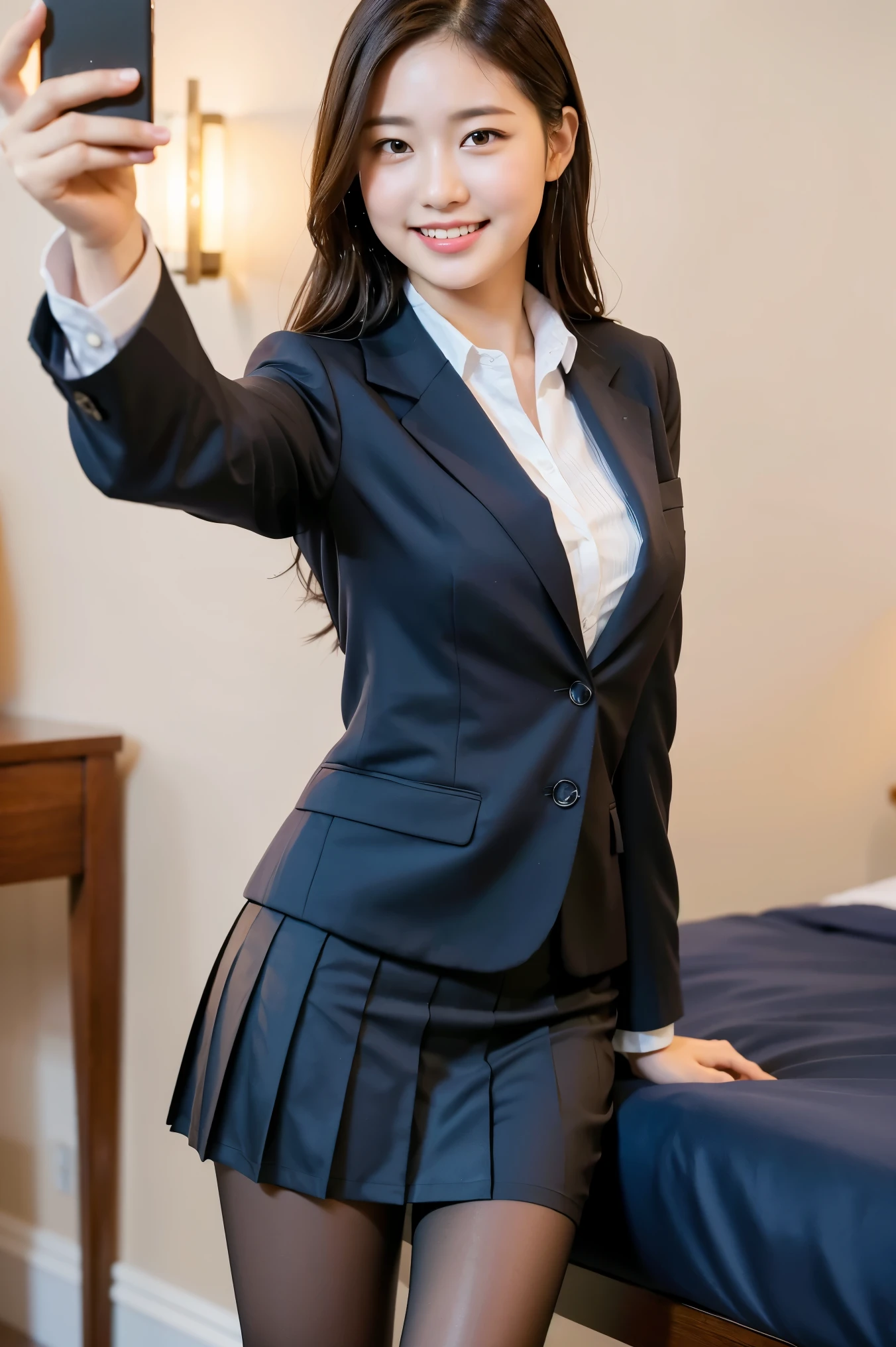 (8k), (highest quality: 1.2), (Realistic), (Realistic: 1.37), Ultra-high resolution, 1 girl, cute, smile, Mouth closed, Beautiful details, Beautiful Nose, whole body, Wet Hair, Giant Dulcefo, pork, Thighs，Selfie,Navel exposed,University Student Uniform,A simple blazer,Pleated skirt,Platform boots,Are standing, natural pantyhose 
