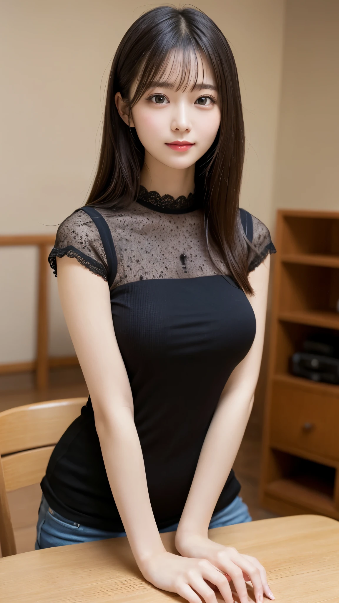 On the table、best quality、Photorealism、Finely、high resolution、８wallpaper、Perfect dynamic posture、Beautiful slender eyes and long hair、（Big plump breasts 1.3）、casual sexy pose、Random situations、Selfie Angle，Close Range，Looking at the camera，（Tight round neck black mesh lace shirt）、、Gentle smile、50 years old、（Perfect Eyes 1.3）、Mature adult beauties、Japanese、