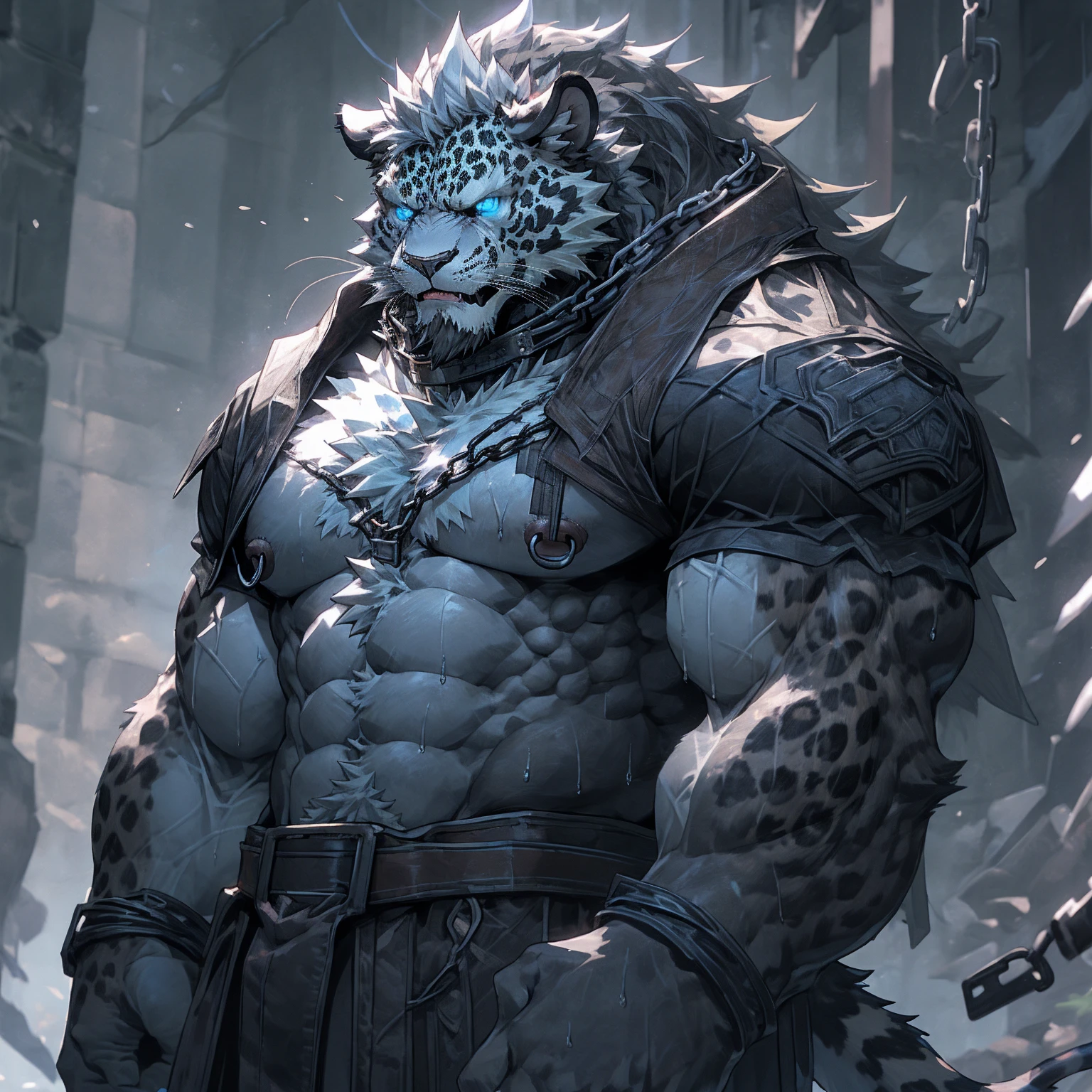 Sweaty, muscular, shirtless, dark castle, anthropomorphic chest hair, serious face（Scar on face） Mature （Blue eyes）Huge muscular torn abs wild wearing nipple rings and collars prisoner collars linked to chains and buckles ambitious black leopard