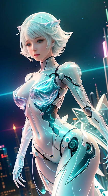 Translucent ethereal mechanical girl,Futuristic girl,Mechanical joints,futuristic urban background,ModelShoot style, (Extremely detailed Cg Unity 8K wallpaper), Abstract stylized beauty,,Surrealism, 8k, super detail, best quality, award winning, anatomically correct, 16k, super detail