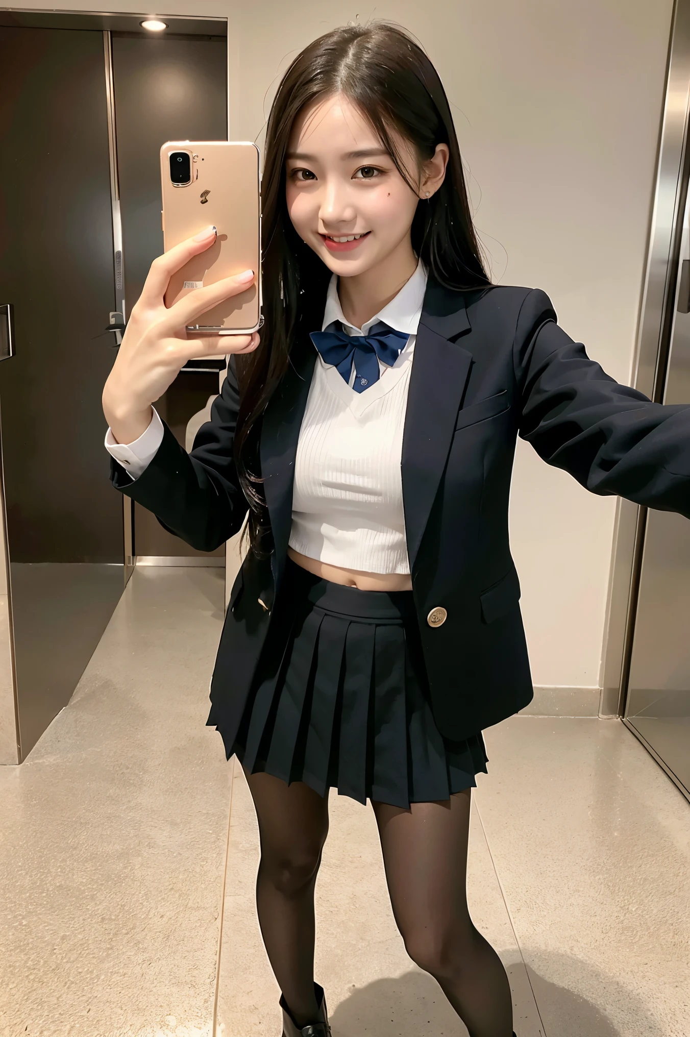 (8k), (highest quality: 1.2), (Realistic), (Realistic: 1.37), Ultra-high resolution, 1 girl, cute, smile, Mouth closed, Beautiful details, Beautiful Nose, whole body, Wet Hair, Giant Dulcefo, pork, Thighs，Selfie,Navel exposed,University Student Uniform,A simple blazer,Pleated skirt,Platform boots,Are standing, natural pantyhose 