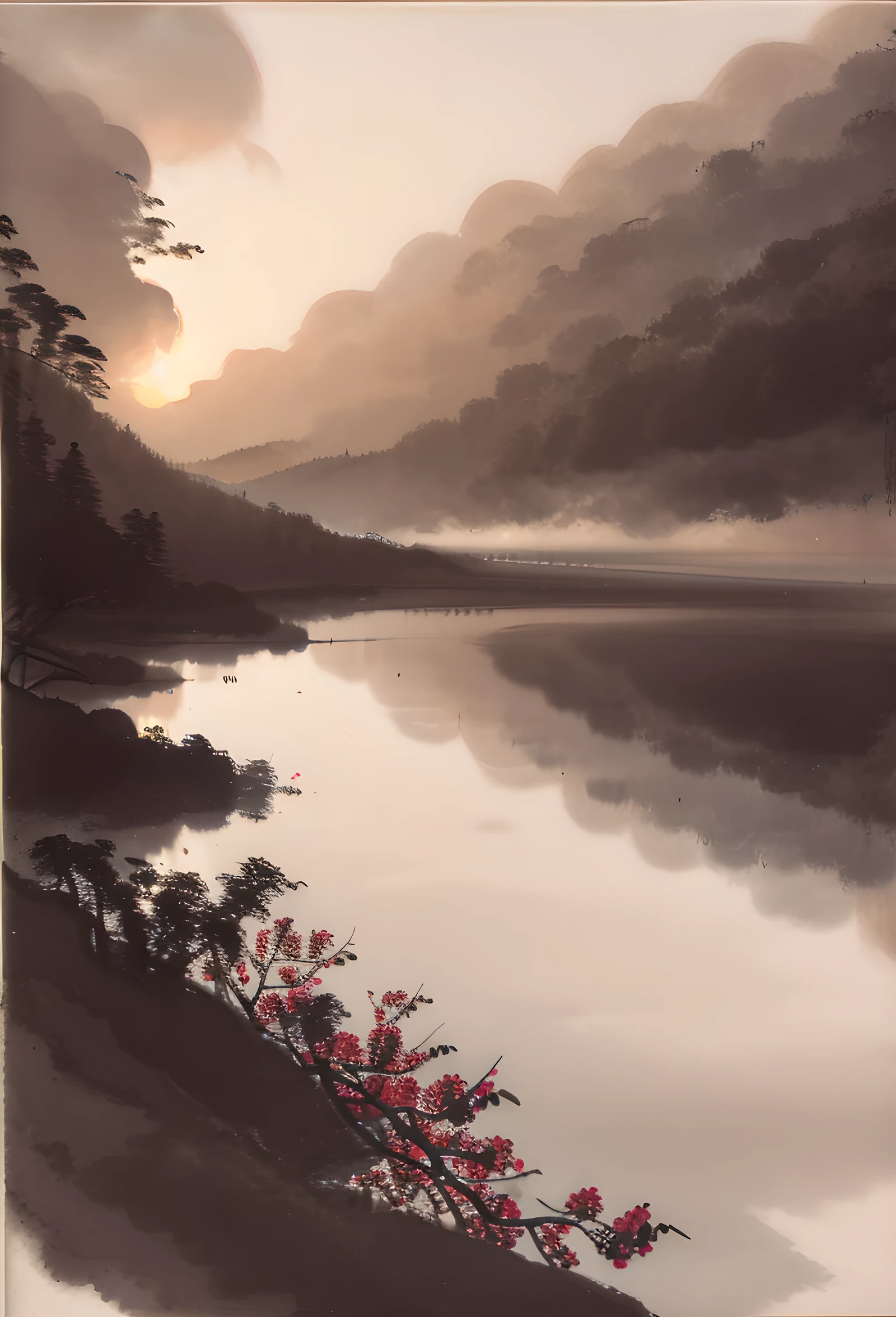 a serene landscape painting of distant mountains, white clouds, tranquil atmosphere, trees, river, small boat, reflections, chinese ink painting style, negative space, 4k, high detail, elegant composition, soft lighting, warm color palette