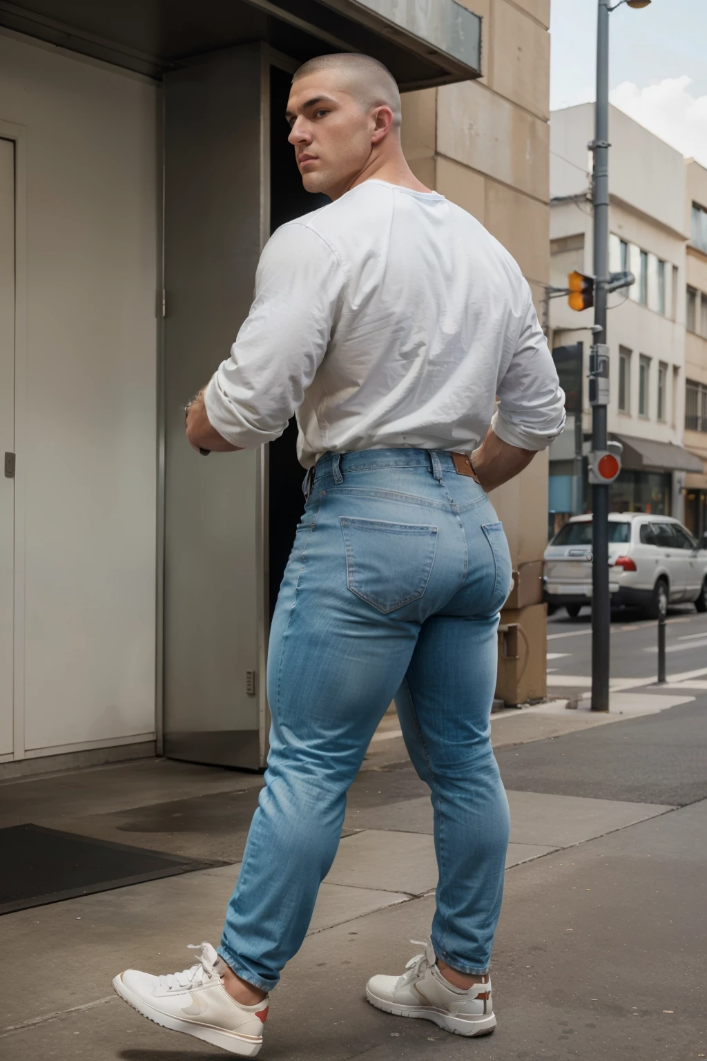 Man in off-white clothes, American round inch head, Buzz cut, national character face, tall and burly, muscular male hero, heroic male pose, muscular! Wearing skins brand bodysuit tights, black hair, super gain and cool, high resolution committee, character design cycling enthusiast, sneakers, attractive strong man, ((big butt)), jeans ((backside))