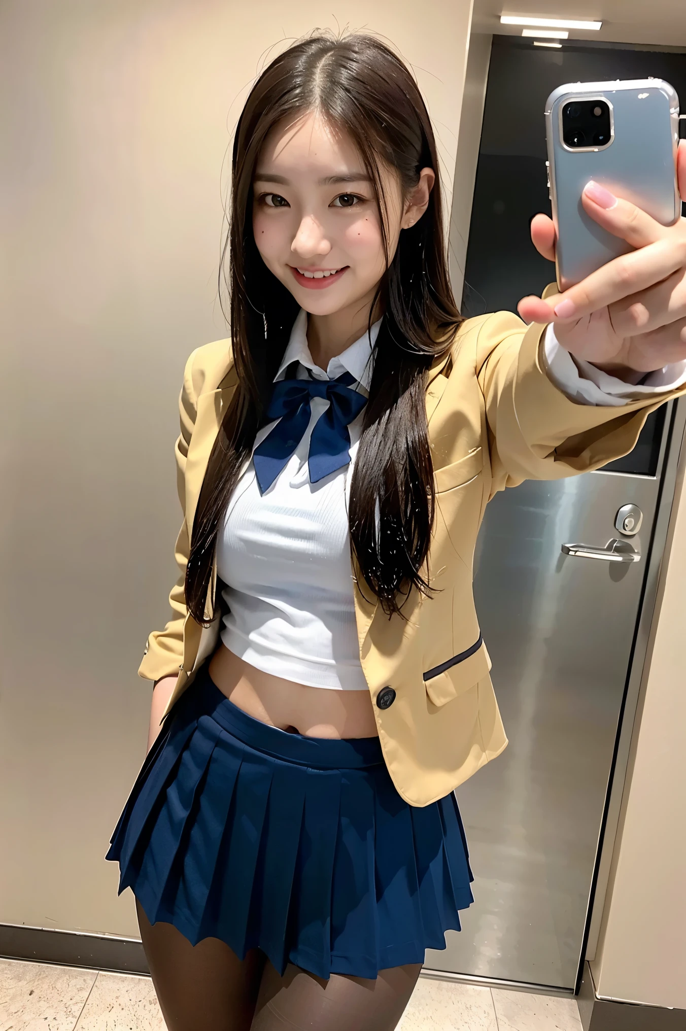 (8k), (highest quality: 1.2), (Realistic), (Realistic: 1.37), Ultra-high resolution, 1 girl, cute, smile, Mouth closed, Beautiful details, Beautiful Nose, whole body, Wet Hair, Giant Dulcefo, pork, Thighs,Selfie,Navel exposed,University Student Uniform,A simple blazer,Pleated skirt,Are standing, shiny natural hose