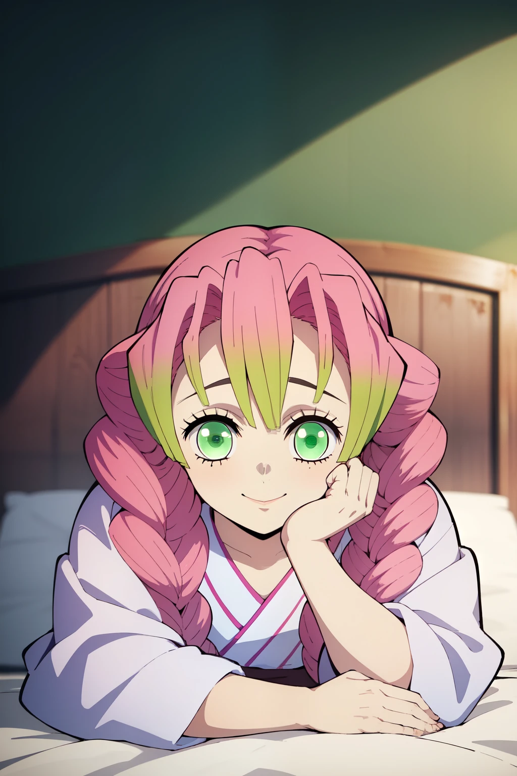 Anime background art, room background, a bed, lying on a bed, beautiful anime scenes, 4K anime art wallpaper, 4k anime art wallpaper, Rosla global illumination, anime girl, best quality, detailed, 1 girl, alone, same as LORA, same as lora, closed mouth, light smile, pink hair, green faded hair, perfect hair, defined eyes, green eyes, long hair, pigtails hairstyle, looking at the viewer, kimono costume, very big tits.
