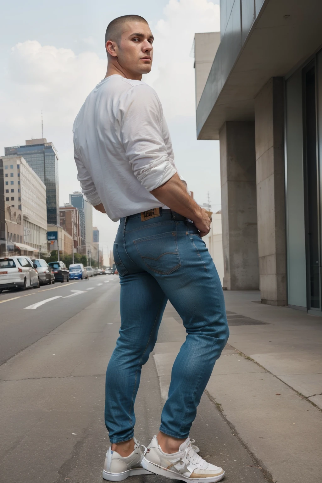 Man in off-white clothes, American round inch head, Buzz cut, national character face, tall and burly, muscular male hero, heroic male pose, muscular! Wearing skins brand bodysuit tights, black hair, super gain and cool, high resolution committee, character design cycling enthusiast, sneakers, attractive strong man, (big butt), jeans ((backside))