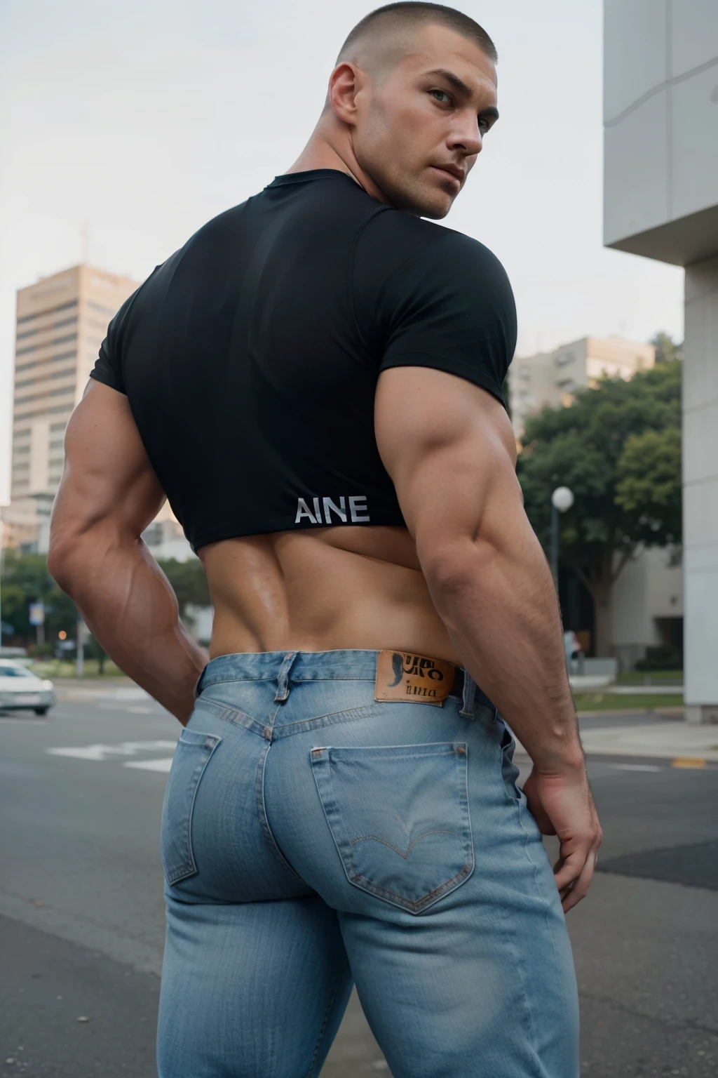 Man in off-white clothes, American round inch head, Buzz cut, national character face, tall and burly, muscular male hero, heroic male pose, muscular! Wearing skins brand bodysuit tights, black hair, super gain and cool, high resolution committee, character design cycling enthusiast, sneakers, attractive strong man, (big butt), jeans ((backside))