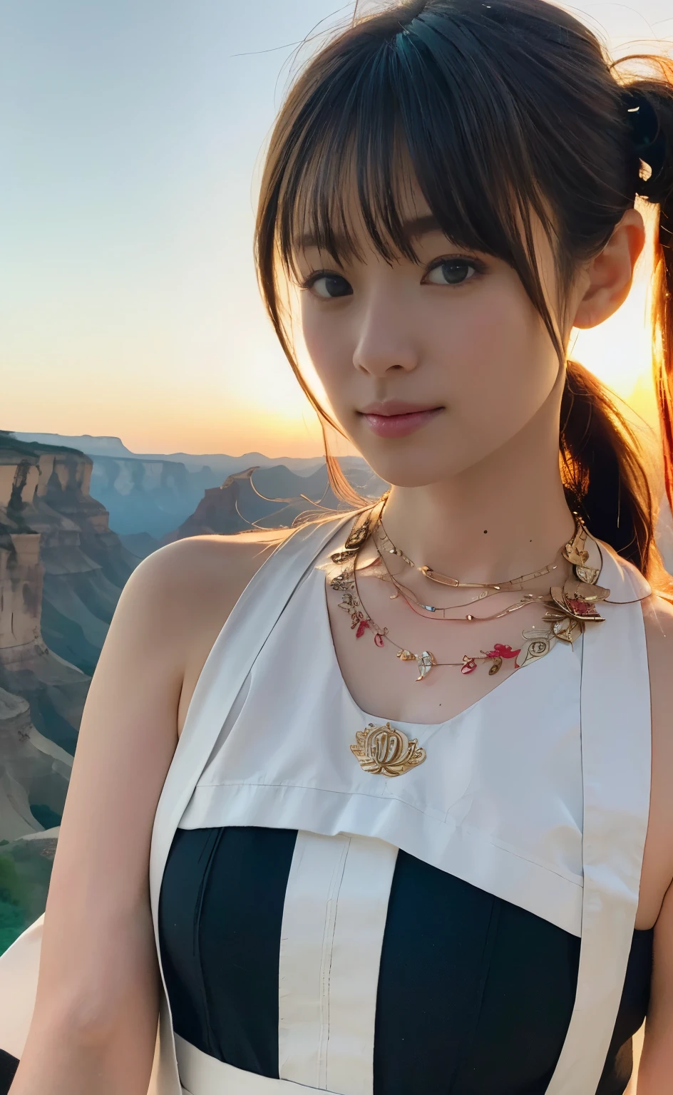 ((Perfect anatomy with attention to detail, with detailed full body depiction with no extra limbs)) ,masterpiece,Ulzan 6500,(Realisticなphoto),Idol Shiho plays a Native American woman who lives in the beautiful, majestic canyons of the American West.,((She has cute twin-tails with a thick braided hairband covering her forehead.,Two large eagle feathers are attached vertically)),Wearing a large necklace like a talisman-like magatama, wristbands and anklets,((Native American Indian Sundance Celebration:theme: Honoring the sunそしてspiritual renewal.clothing:Sundance costumes or costumes featuring the sun symbol,Running with a big, furry wolf through a moonlit valley with a huge canyon in the background,She looks great in her traditional Native American outfit, roughly made from brown canvas.,(最high quality:1.2),(Realistic:1.37),Vibrant colors,Soft moonlight,native pattern,Flowing hair accessories and traditional clothing,Expressive and powerful eyes,Impressive features,A proud and powerful stance,Background sacred animals,Natural elements,Iconic moon and stars,Tribal symbols,Subtle texture,Painterly style,Emphasizing light and shadow,Clear Face,masterpiece,Super Detail,Great composition,Ultra HD,high quality,Very detailed,soft,4K wallpaper,Super Detail,4K shooting with deep depth of field,