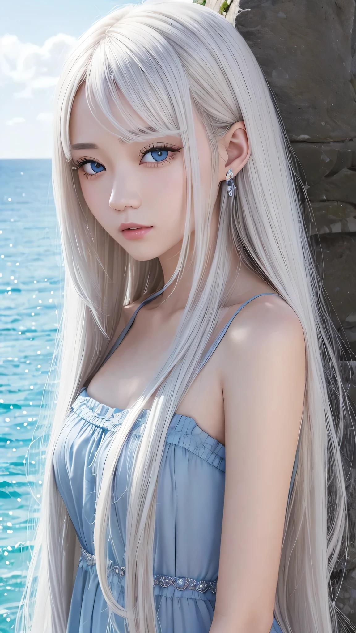 highest quality、Realistic、female、zoom、cute、Gray Eyes、Platinum Blonde Hair、long hair、 Dresses、Ocean、blue sky、