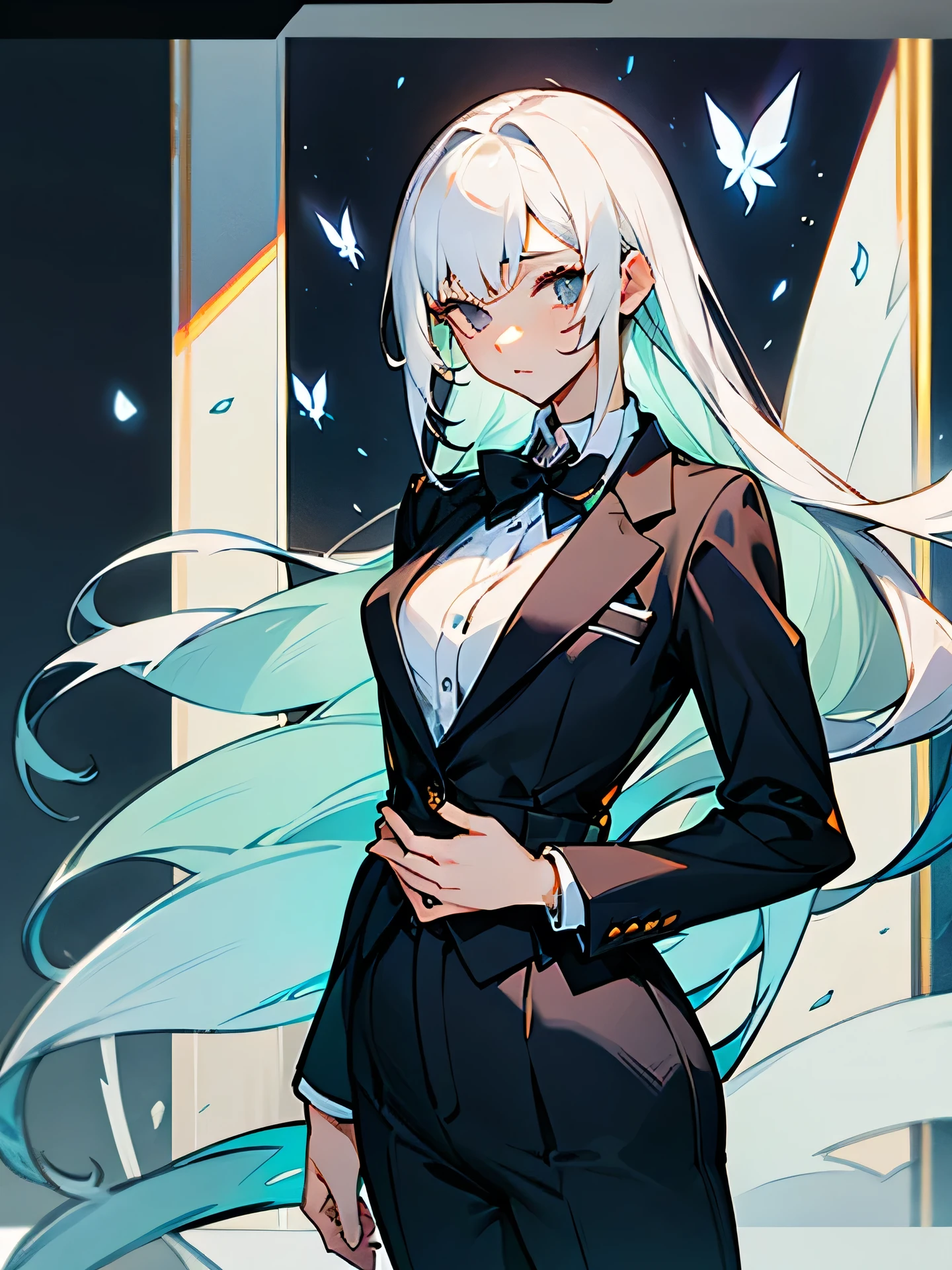 White hair,Beauty,High School Students,Handsome,High cold queen,whole body,detail,good body shape,beauty,Long fluttering hair,Waist-length hair,slim,Good shape,Girlish feeling,Suit and trousers set,HD
