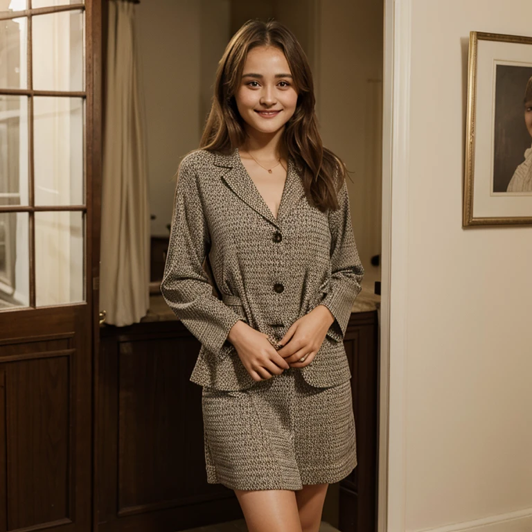 Ella Purnell dressed in elegant clothes and smiling