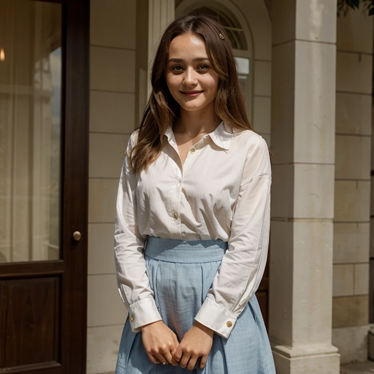 Ella Purnell dressed in elegant clothes and smiling