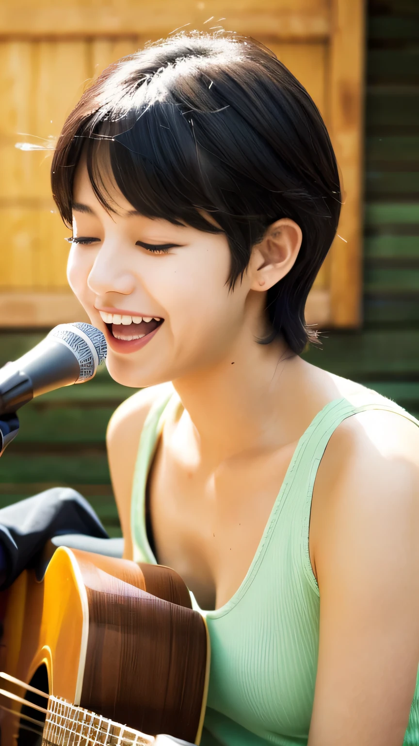 masterpiece　High resolution　Female student　very cute　natural atmosphere　boyish　　Pixie Cut　Dimples　Mole　Tanuki face　Tank top　Playing Acoustic Guitar　Open your mouth wide　It's funny　Making fun of them　I close my eyes and pray for peace　