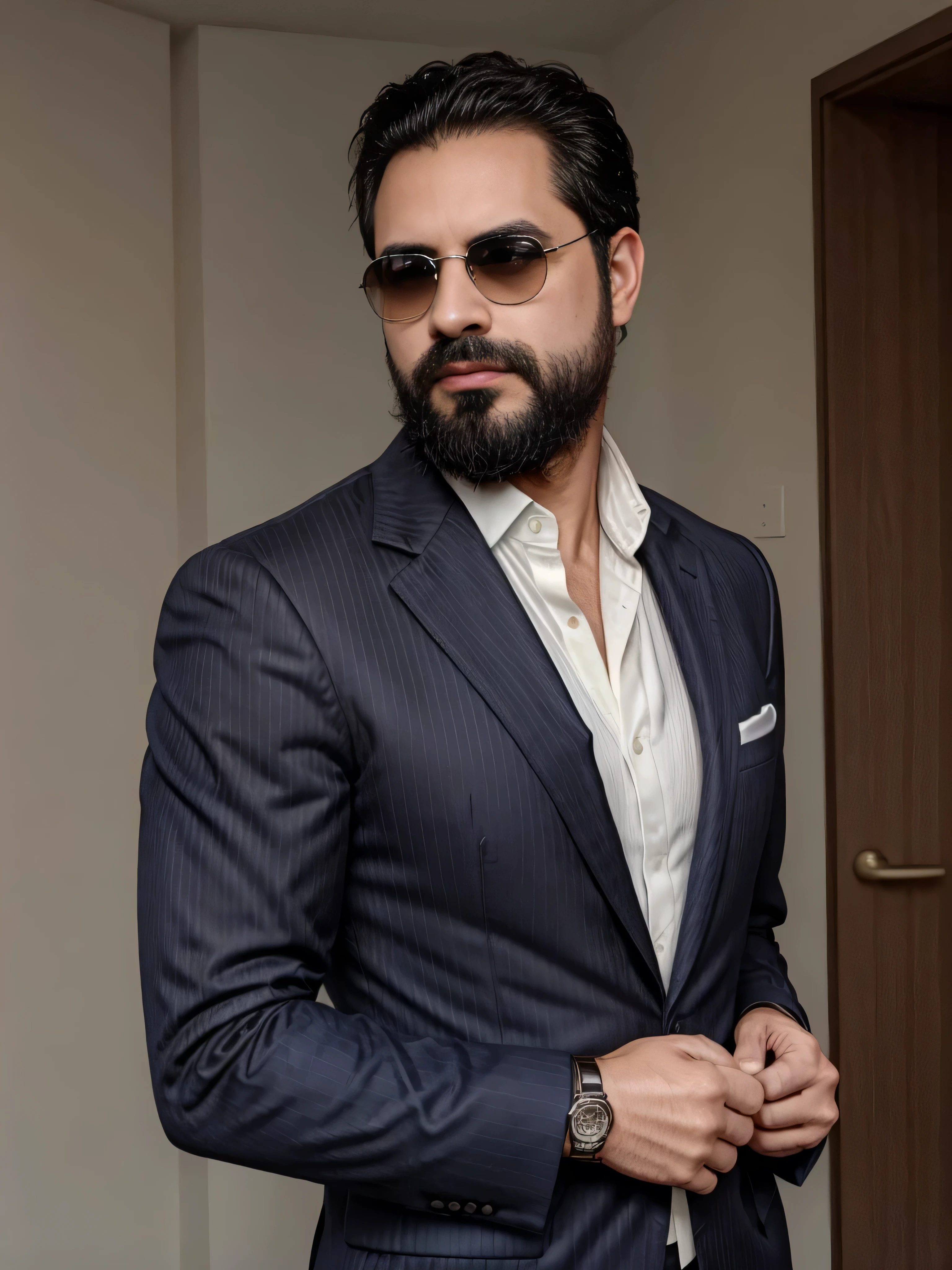 A 38-year-old man with a neatly groomed beard and stylish sunglasses. He is dressed in an elegant, tailored suit, featuring a sharp blazer and a crisp dress shirt. The blazer is a deep navy blue with subtle pinstripes, and the shirt is a classic white with a slight sheen. He wears a pocket square that matches the blazer, adding a touch of sophistication. The man is also wearing a sleek, silver wristwatch. His hair is neatly styled, complementing his overall polished look. The background is blurred to keep the focus on the man's upper body, capturing his confident and refined appearance. The image should be a medium shot, highlighting the man's upper body in great detail.