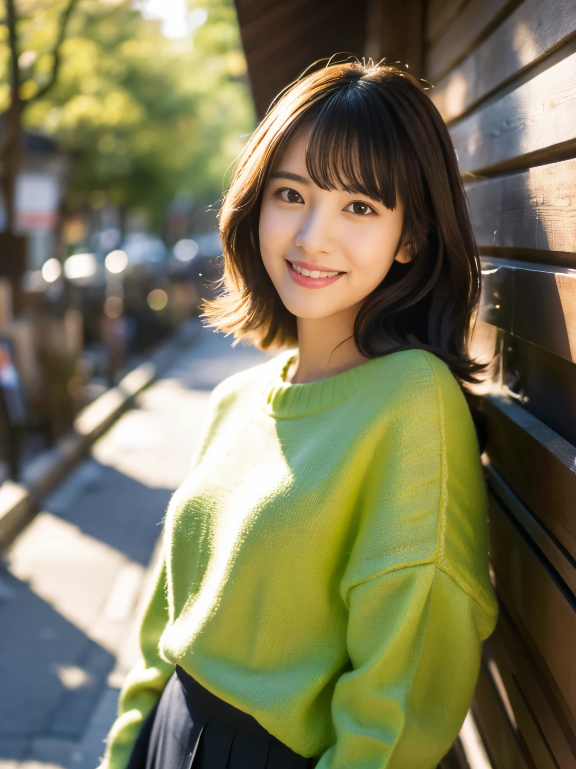 masutepiece, Best Quality, Illustration, Ultra-detailed, finely detail, hight resolution, 8K Wallpaper, Perfect dynamic composition, Beautiful detailed eyes, Medium Hair, Natural Color Lip, Random Poses, Smile, Kyoto Street Walk, 20 years girl, Beautiful Women, Japanese pattern sweater and Japanese pattern skirt, Slimed, A slender, Model body type, random body orientation,