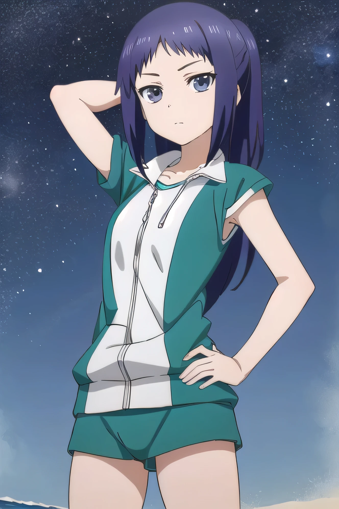 solo, 1girl, looking at viewer, 2D, anime, anime coloring, (cowboy shot:1.5), solo, night sky, beach, arm behind head, hand on hip, contrapposto, spread armpits, looking at viewer, best quality, closed mouth, expressionless, minami oosawa, track jacket, 