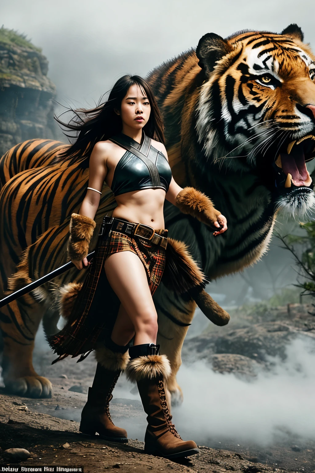 Striking Portrayal of a Powerful Girl:
(Karen Fukuhara:Daisy Ridley:0.5), imposing stature, adorned with tiger gloves, an animal skin kilt of antique origins, and furry suede ankle boots that echo the of untamed landscapes.
Her wild spirit radiates as she braves the enigmatic, Triassic fog, her eyes gleaming with determination amidst the 8K super-detailed depiction of a primal, otherworldly environment reminiscent of an ancient, mystical jungle.
The finest quality, ultra-high-resolution juxtaposes