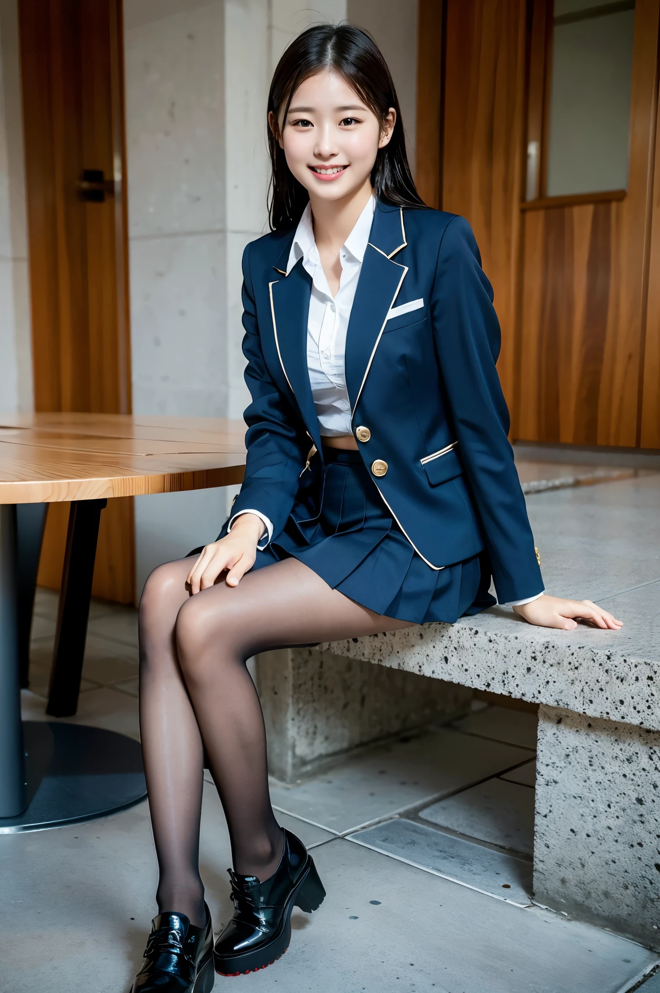 (8k), (highest quality: 1.2), (Realistic), (Realistic: 1.37), Ultra-high resolution, 1 girl, cute, smile, Mouth closed, Beautiful details, Beautiful Nose, whole body, Wet Hair, Giant Dulcefo, pork, Thighs,Navel exposed,University Student Uniform,A simple blazer,Pleated skirt,Platform boots,Are standing, shiny natural pantyhose 