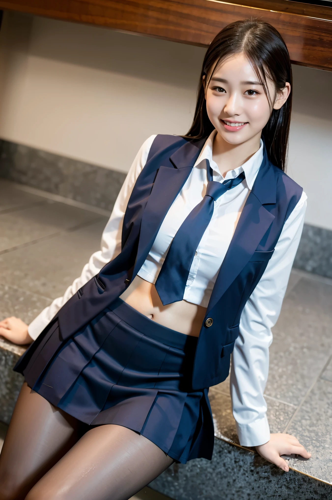 (8k), (highest quality: 1.2), (Realistic), (Realistic: 1.37), Ultra-high resolution, 1 girl, cute, smile, Mouth closed, Beautiful details, Beautiful Nose, Wet Hair, Giant Dulcefo, pork, Thighs,Navel exposed,University Student Uniform,A simple blazer,Pleated skirt,Platform boots, shiny natural pantyhose 