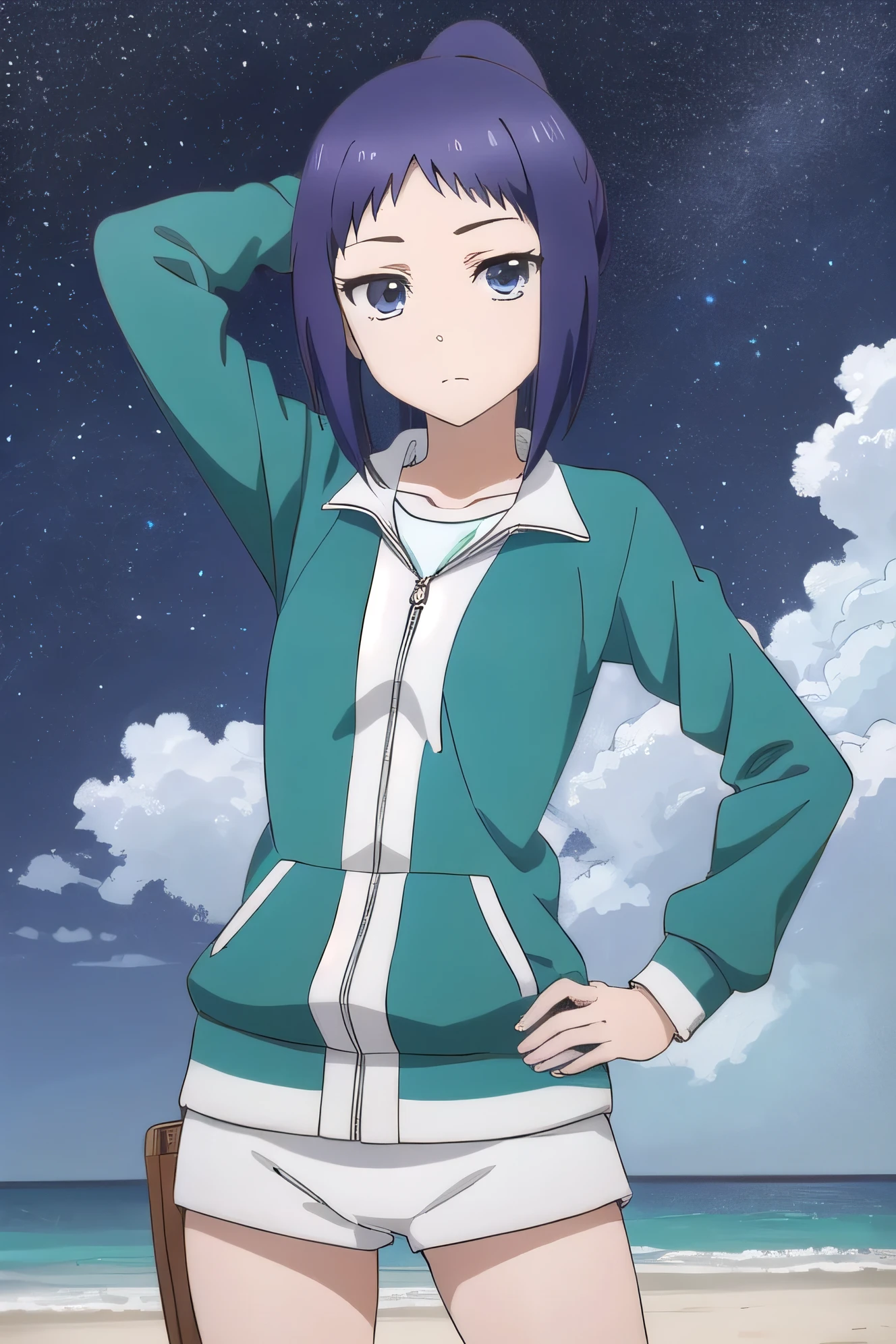 solo, 1girl, looking at viewer, 2D, anime, anime coloring, (cowboy shot:1.5), solo, night sky, beach, arm behind head, hand on hip, contrapposto, spread armpits, looking at viewer, best quality, closed mouth, expressionless, minami oosawa, track jacket, 