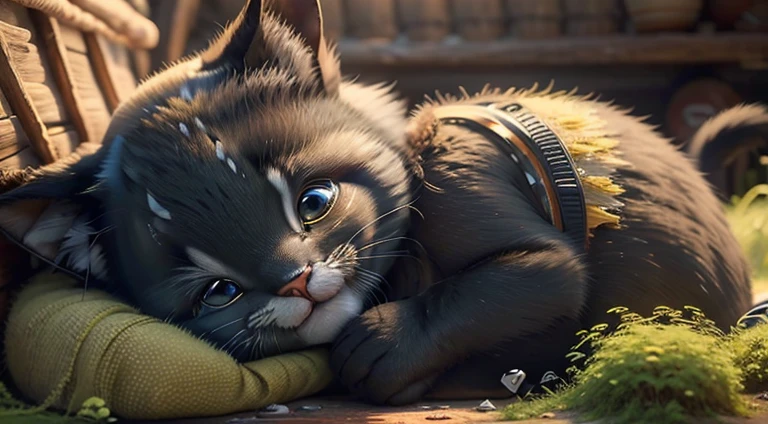 "Create an image that depicts a cheerful and adorable black cat.sunny morning, full of determination and with a glint of enthusiasm in his eyes, The vast forest stretches out in front of you. Sleeping in an old hut.
