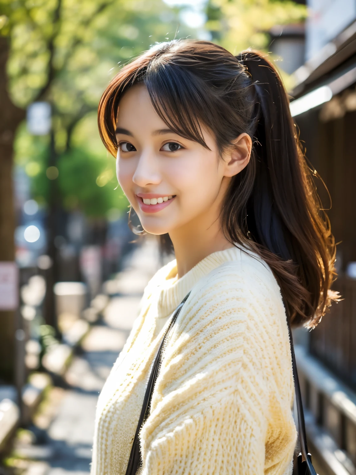 masutepiece, Best Quality, Illustration, Ultra-detailed, finely detail, hight resolution, 8K Wallpaper, Perfect dynamic composition, Beautiful detailed eyes, Medium Hair, Natural Color Lip, Random Poses, Smile, Kyoto Street Walk, 20 years girl, Beautiful Women, Japanese pattern sweater and Japanese pattern skirt, Slimed, A slender, Model body type, random body orientation,