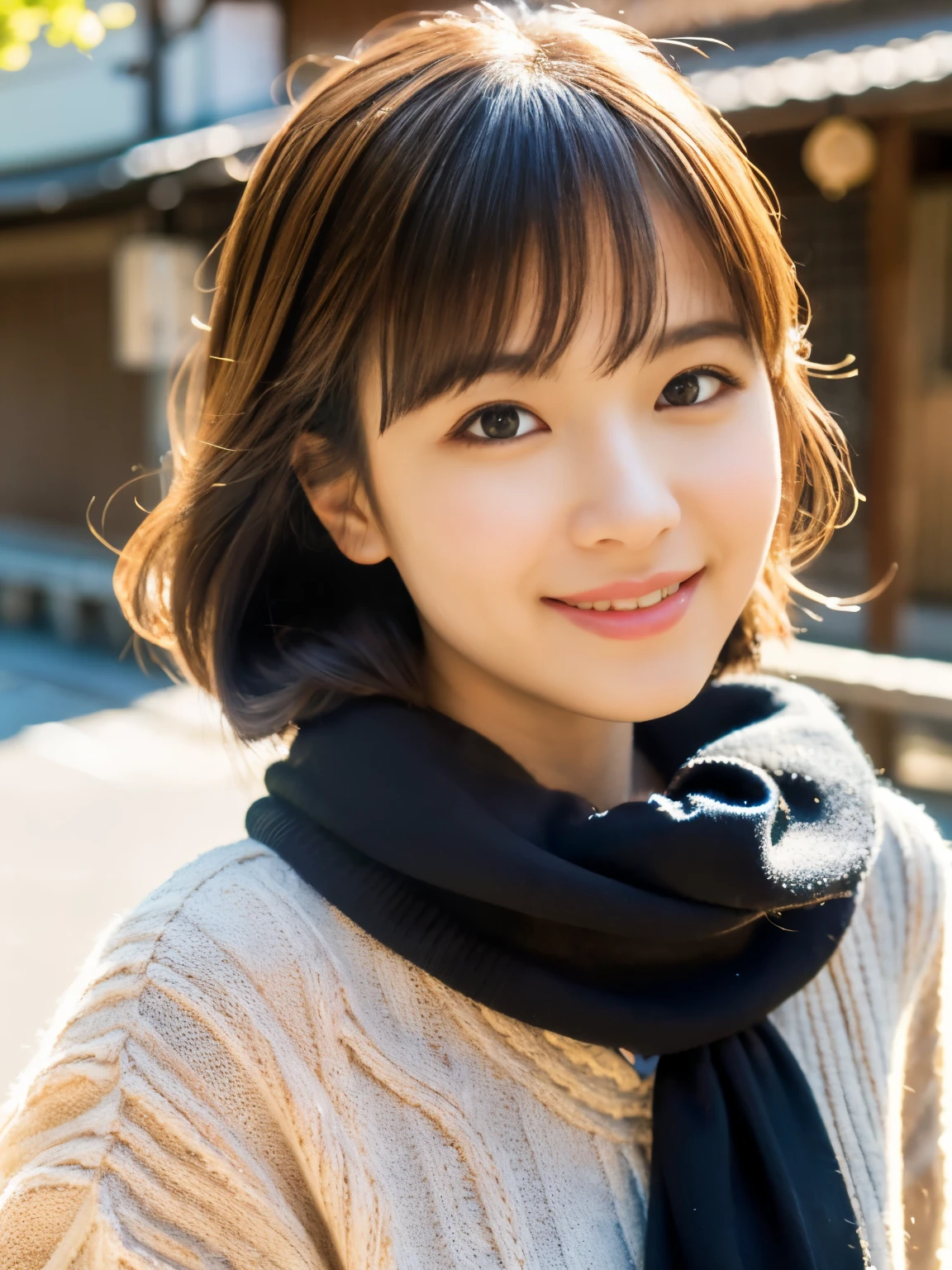masutepiece, Best Quality, Illustration, Ultra-detailed, finely detail, hight resolution, 8K Wallpaper, Perfect dynamic composition, Beautiful detailed eyes, Medium Hair, Natural Color Lip, Random Poses, Smile, Kyoto Street Walk, 20 years girl, Beautiful Women, Japanese pattern sweater and Japanese pattern skirt, Slimed, A slender, Model body type,