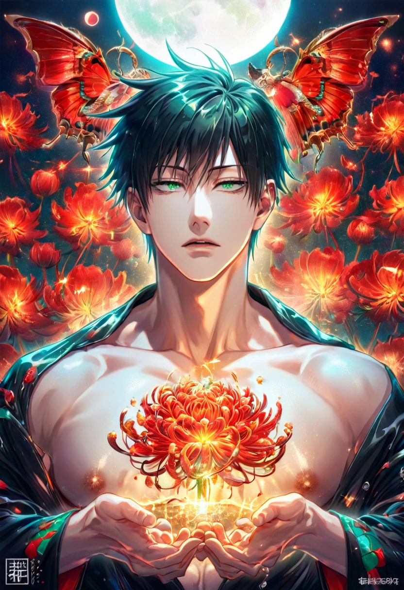 (absurdres, highres, ultra detailed, HDR) master piece, best quality, delicate features, Fushiguro Touji, straight black hair, expressive green eyes, Jujutsu Kaisen, solo, sexy man, handsome, showing the chest, black kimono with accessories, patterns, red spider lilies, red butterflies, magical moon, magical fantasy, water, glittering, sparkling 