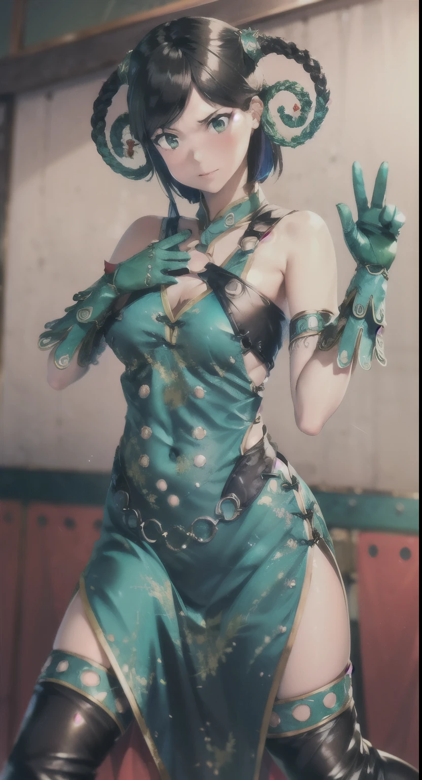(Highly detailed CG), (highest quality), Dear Mele、Perfect Face, Shiny skin, Shiny skin,Wide Hips,A girl with a small waist,mini skirt、White panties、solo meregeki,Multicolored Hair, Thighs,twin Braidings,Side slits,black Thighs,Bracelet, Iris,Cleavage,thigh boots, green ミニdress, green gloves, hair ornaments,short hair, boots, china dress, Exposing shoulders, Hair Ring, Braiding,Thighs,Chinese clothing, gloves, dress, Black Hair, anger, Combat Stance, , Clenched hands,