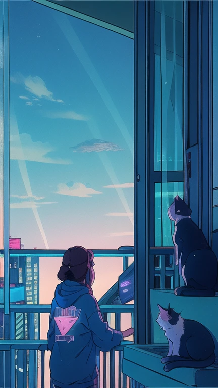 (Super detailed)),highest quality,8k,High resolution(Skyscraper:1.5),Back view,silhouette,Octane,(静かなnight空),night,night空,Starry sky in the countryside,Blue and pink retro style,Neon Signs,((Woman playing with cat on balcony 1:1.5)),Lots of things,Long brown hair,Neon flickers,Wearing a baggy hoodie,Anime Aesthetics,90s nostalgia and comfort,Lo-Fi,Lo-Fi女子,Lo-Fiの象徴,Anime Style,Expressed with a delicate and poetic touch,Surreal