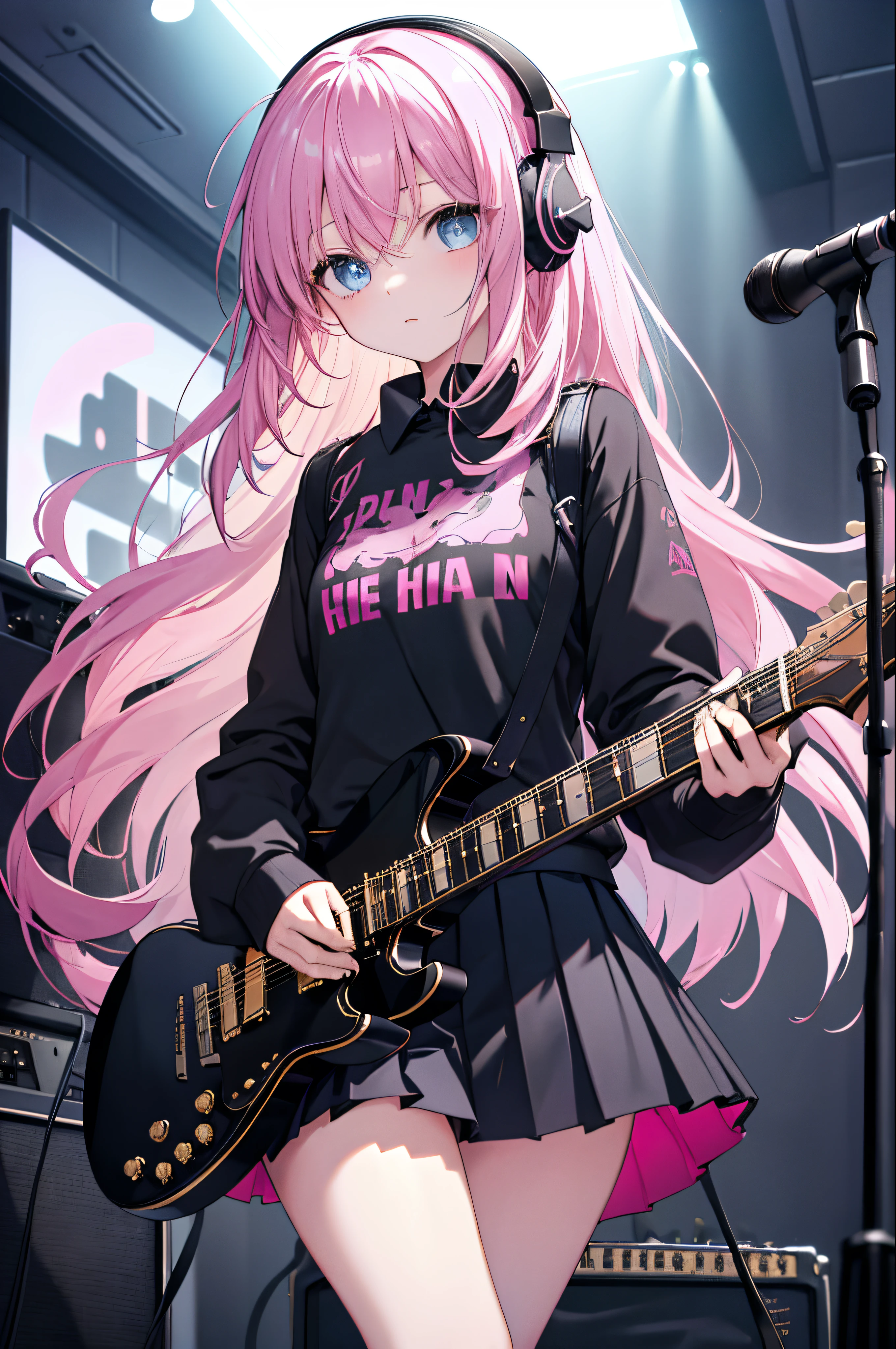 (masterpiece, Top quality) 1 girl, Solitary, Black skirt, blue eyes, electric Guitar, Guitar, earphone, Keep, Guitar拨片, musical instrument, long hair, music, one side up, Pink Hair, Guitar playing, Pleated Skirt, Black shirt, indoor