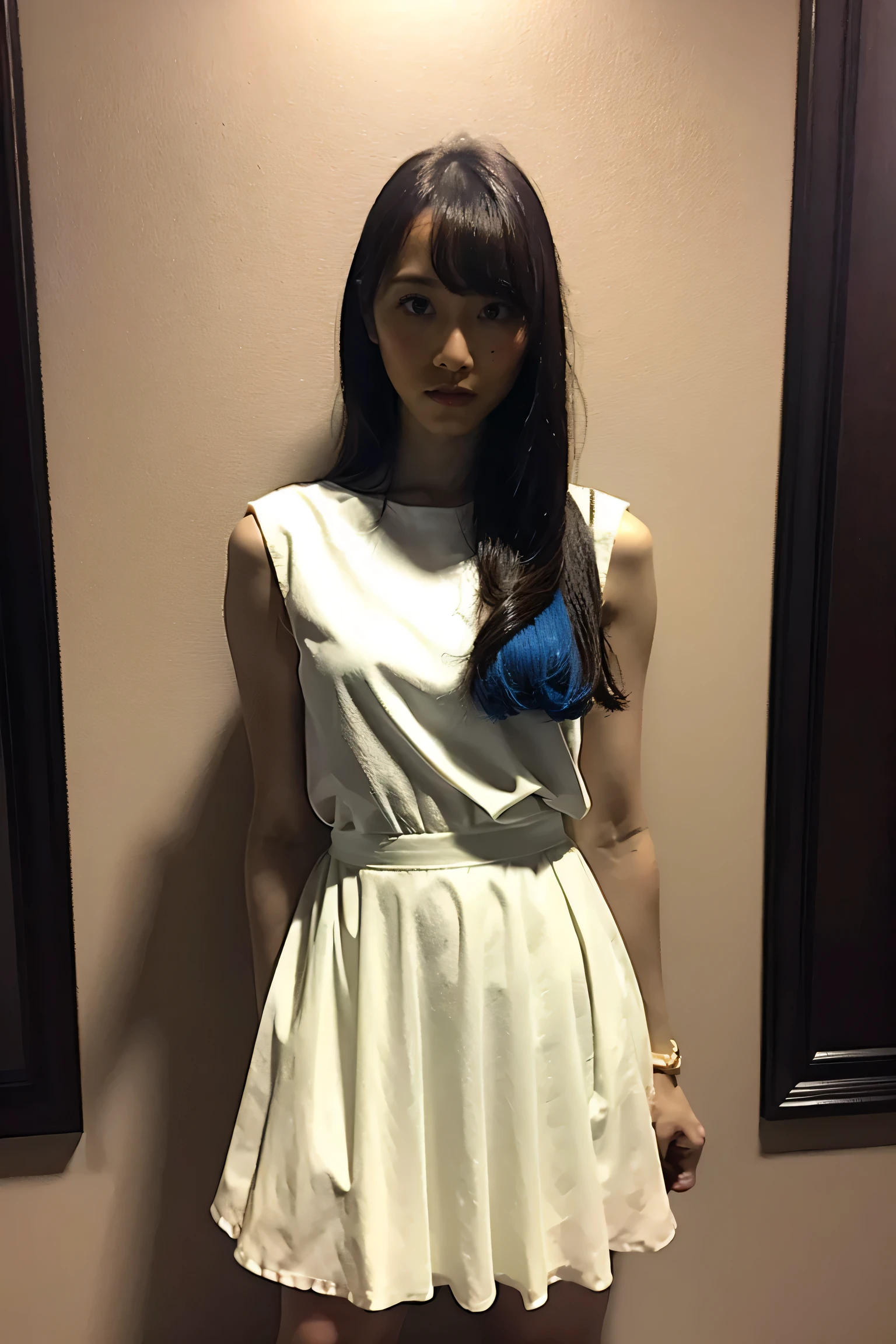 (8k、RAW Photos、highest quality、masterpiece:1.2)、(Realistic、Realistic)、1 girl、((full body shot)), standard height,narrow waist, slim body,8k、High resolution、punk fashion、beautiful girl、Android Body、young、white skin,、narrow eyes, lighting that illuminates、clear image、intellectual beauty、skinny、no makeup、anxious look、lighting that illuminates ,shining hair、single eyelid,blue eyes