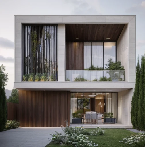 (masterpiece),(high quality), best quality, real,(realistic), super detailed, (full detail),(4k),8k,modern house exterior design,Modern architecture,Sandstone,whitewall,Beautiful_sky,Day light, no_humans, outdoors,sky,tree,Garden flower front of building,